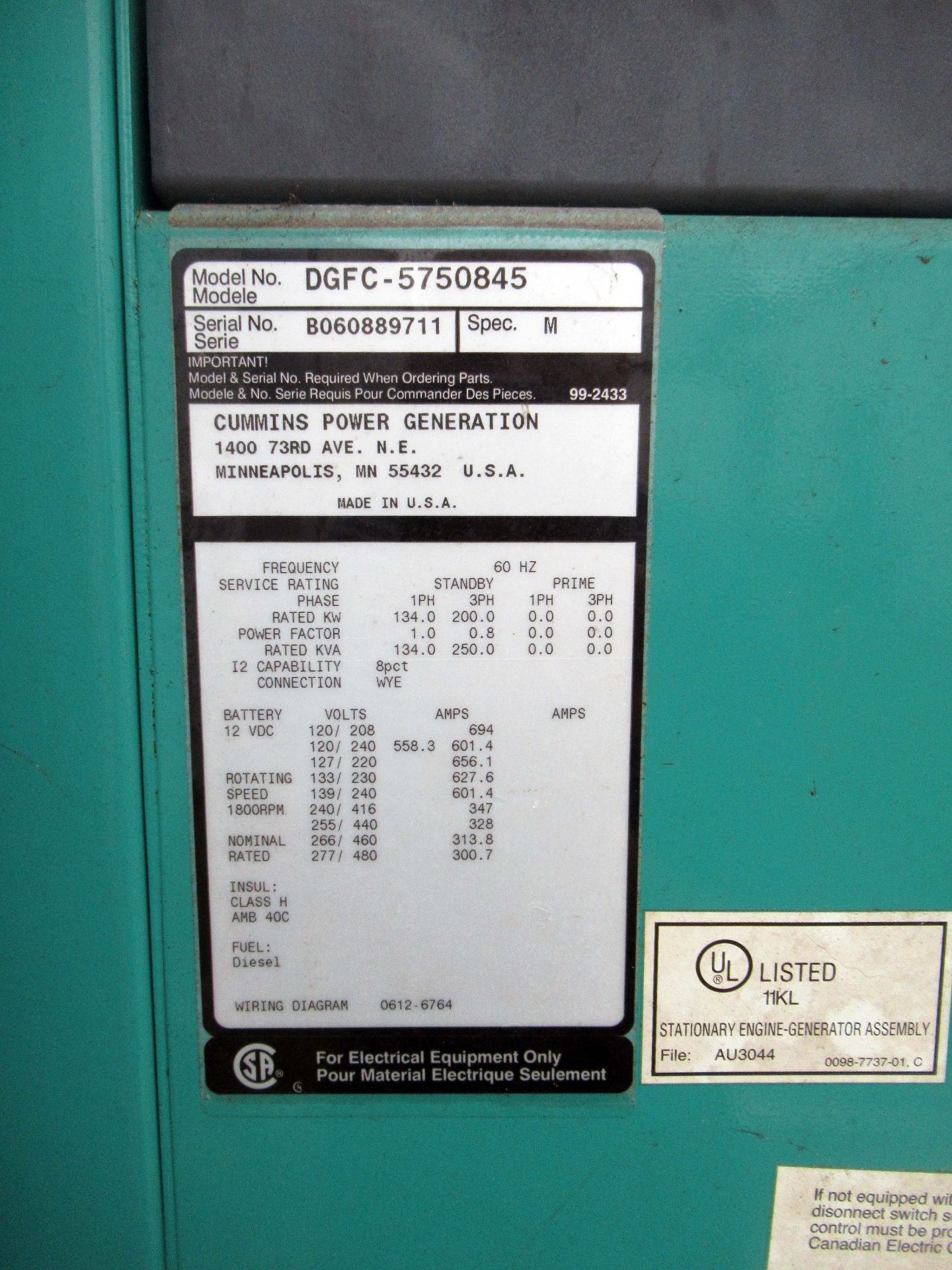 SKID MOUNTED DIESEL GENERATOR, CUMMINS POWER GENERATION MDL. DGFC-5750845, 250 kVA, 200 kW, 600 - Image 5 of 9