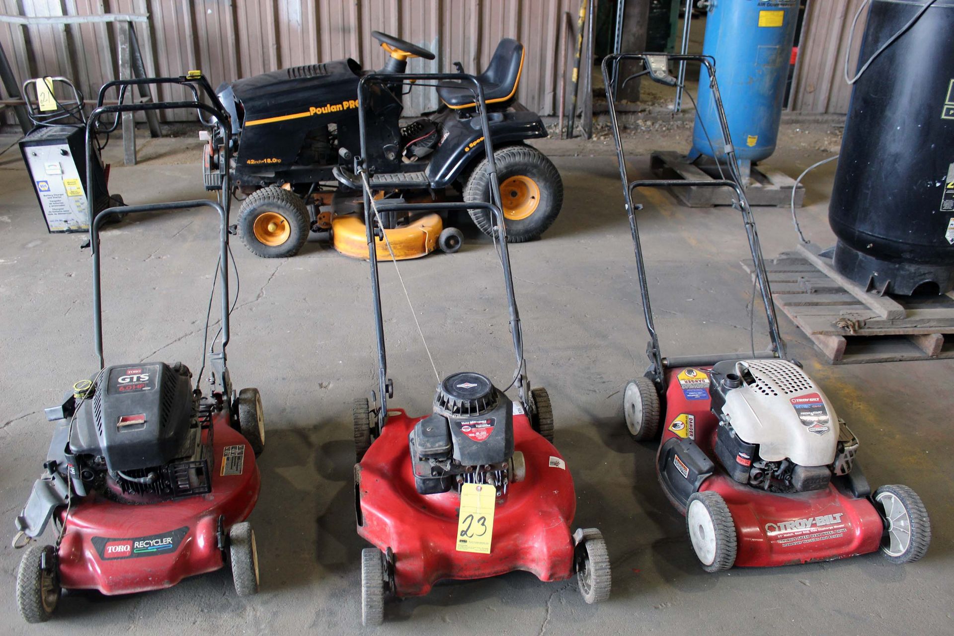 LOT CONSISTING OF: Poulanpro 42" riding lawnmower, Troy-Bilt & Toro push mowers & yard machines (