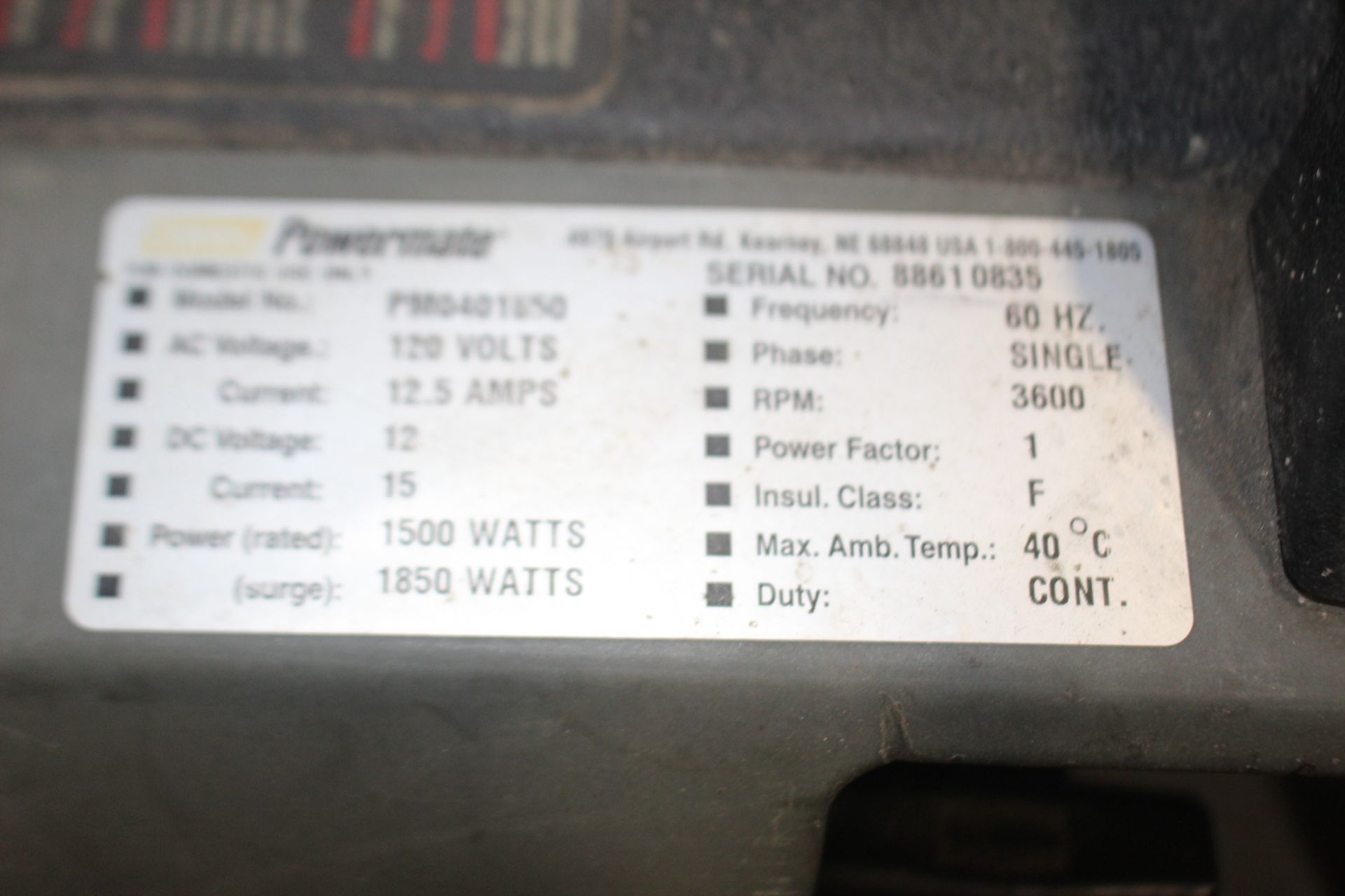 GAS GENERATOR, COLEMAN POWERMATE MDL. PMO401850, 120 v., 1,500 watts to 1,850 watts, S/N 88610835 ( - Image 4 of 4