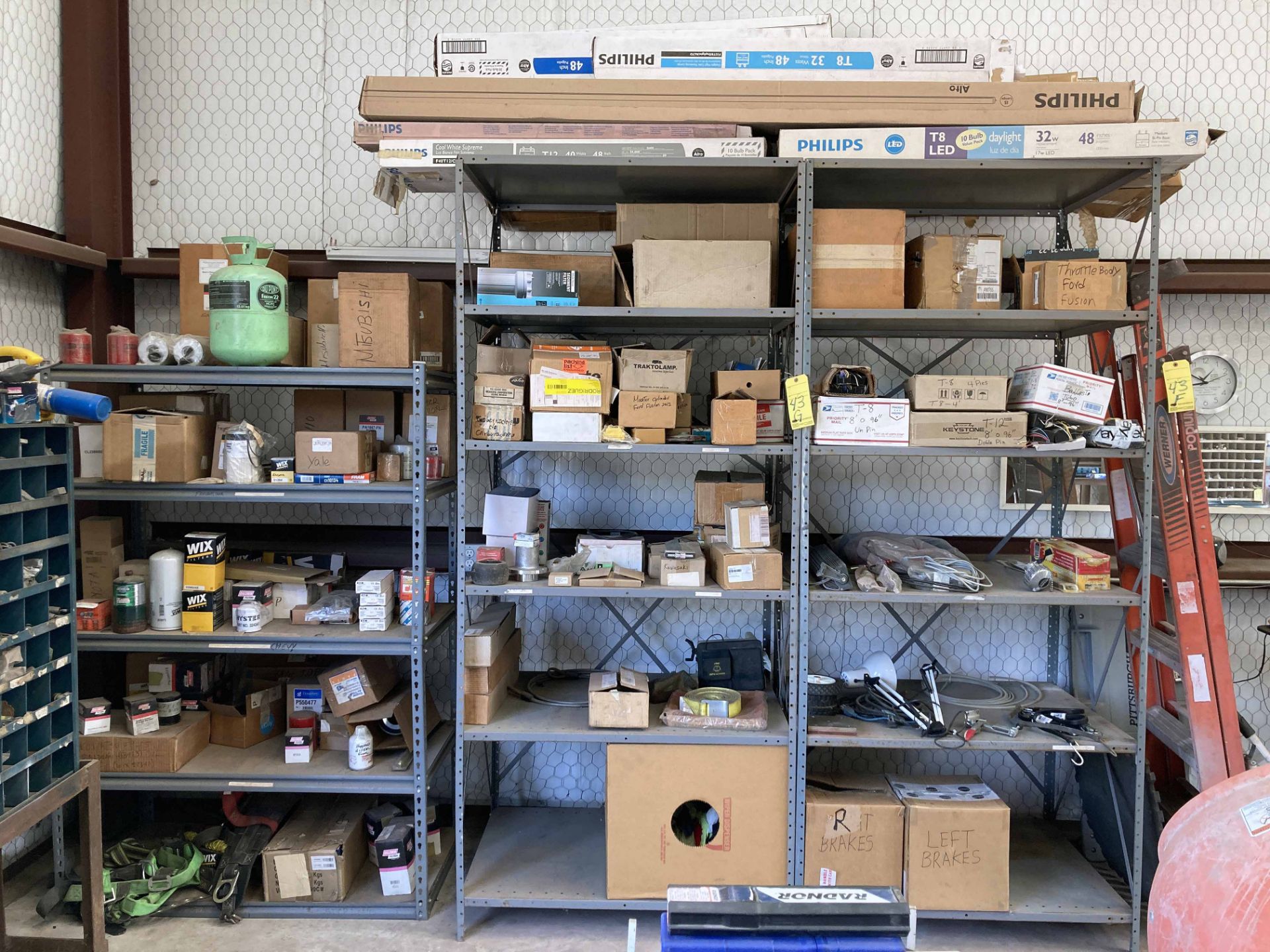 LOT CONSISTING OF SHELVING (3) AND CONTENTS, INCLUDING PREVENATIVE MAINTENANCE SUPPLIES, FORKLIFT PA