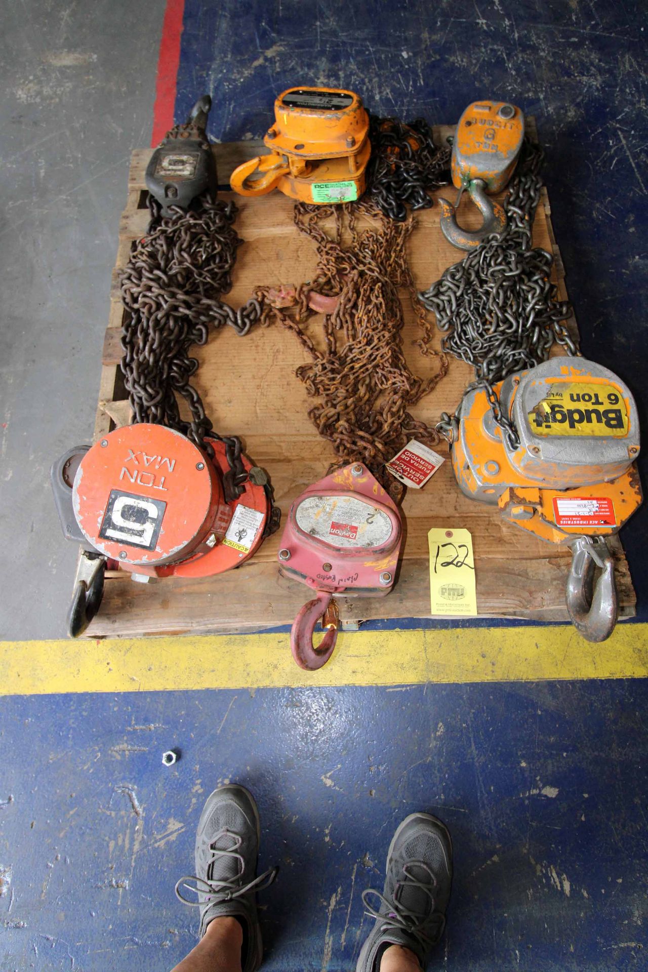 LOT OF CHAIN HOISTS (6): (2) 6 T. cap., (2) 5 T, cap., (1) 2-1/2 T. cap., (1) 2 T. cap., (on one