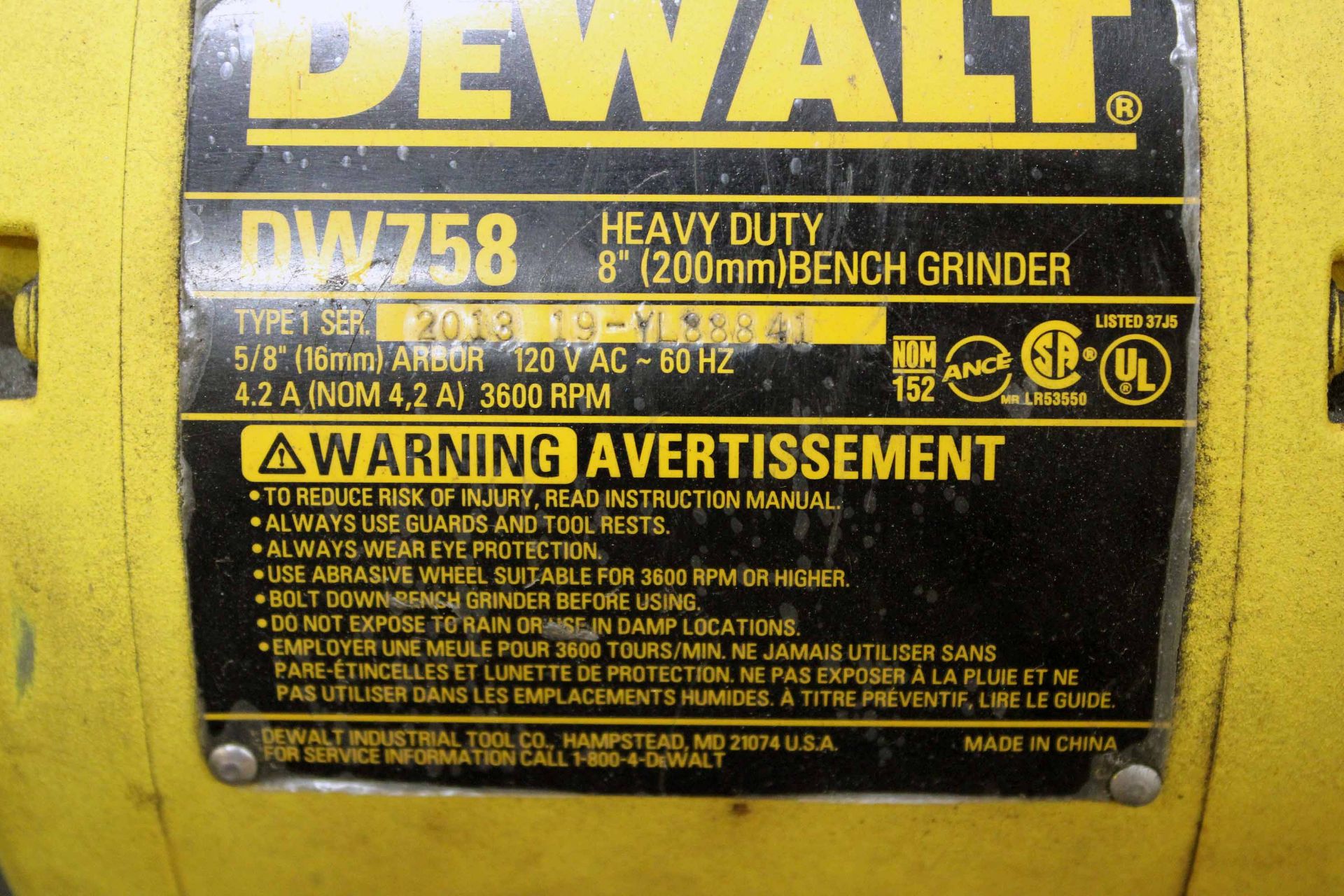 PEDESTAL GRINDER, DEWALT MD. DW758, 8" (Located at: Emco Wheaton USA, Inc., 9111 Jackrabbit road, - Image 3 of 3