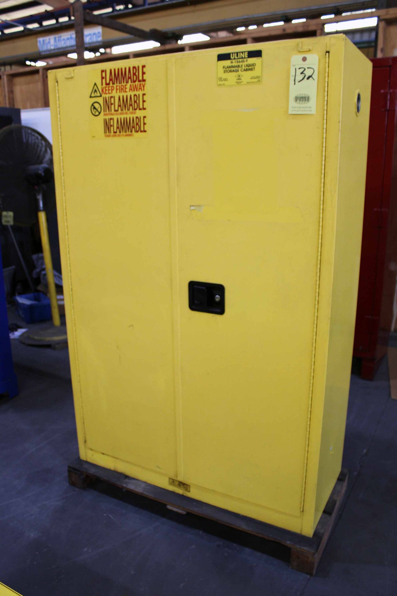 YELLOW FLAMMABLE LIQUID SAFETY CABINET, 18" x 43" x 65", w/ contents (Located at: Emco Wheaton