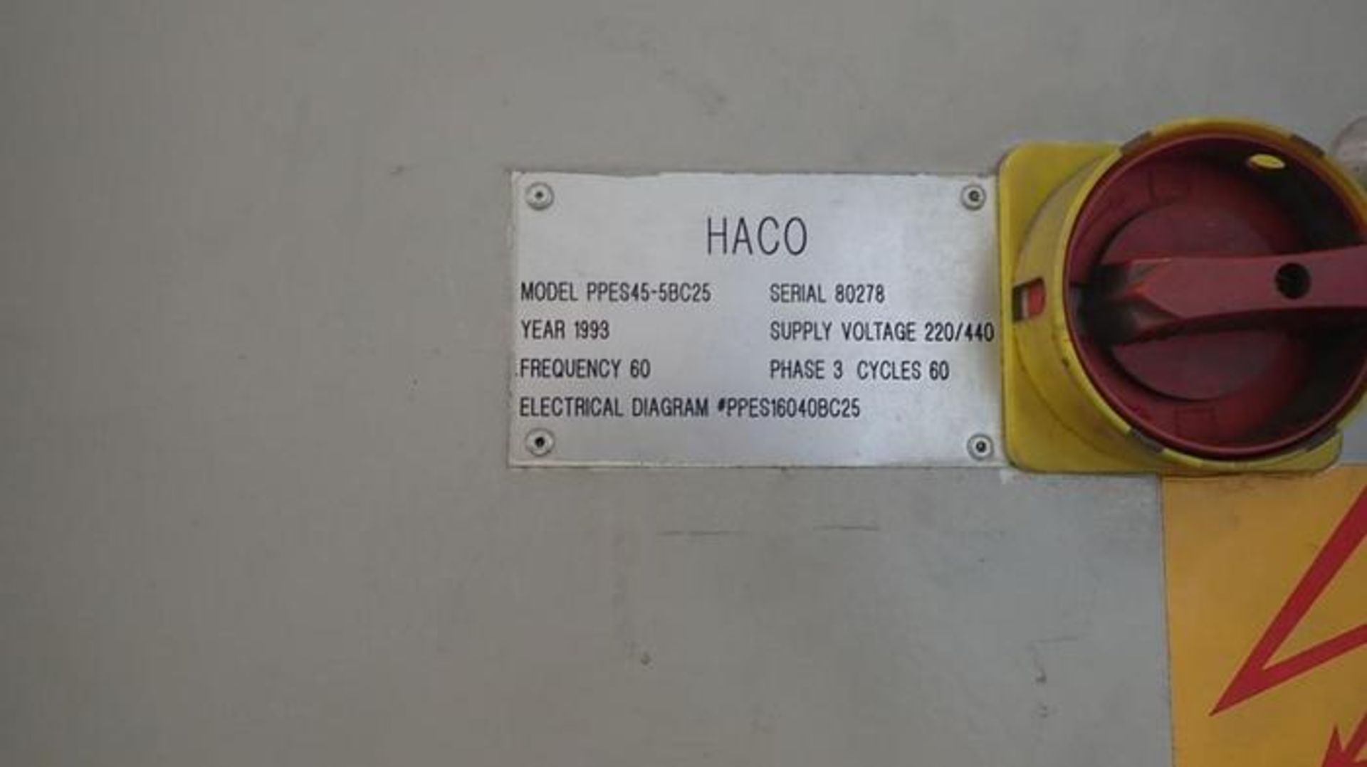 HYDRAULIC PRESS BRAKE, HACO MDL. PPES45-5BC25, 45 T. cap. x 5', BC25 control, needs repair; - Image 5 of 5