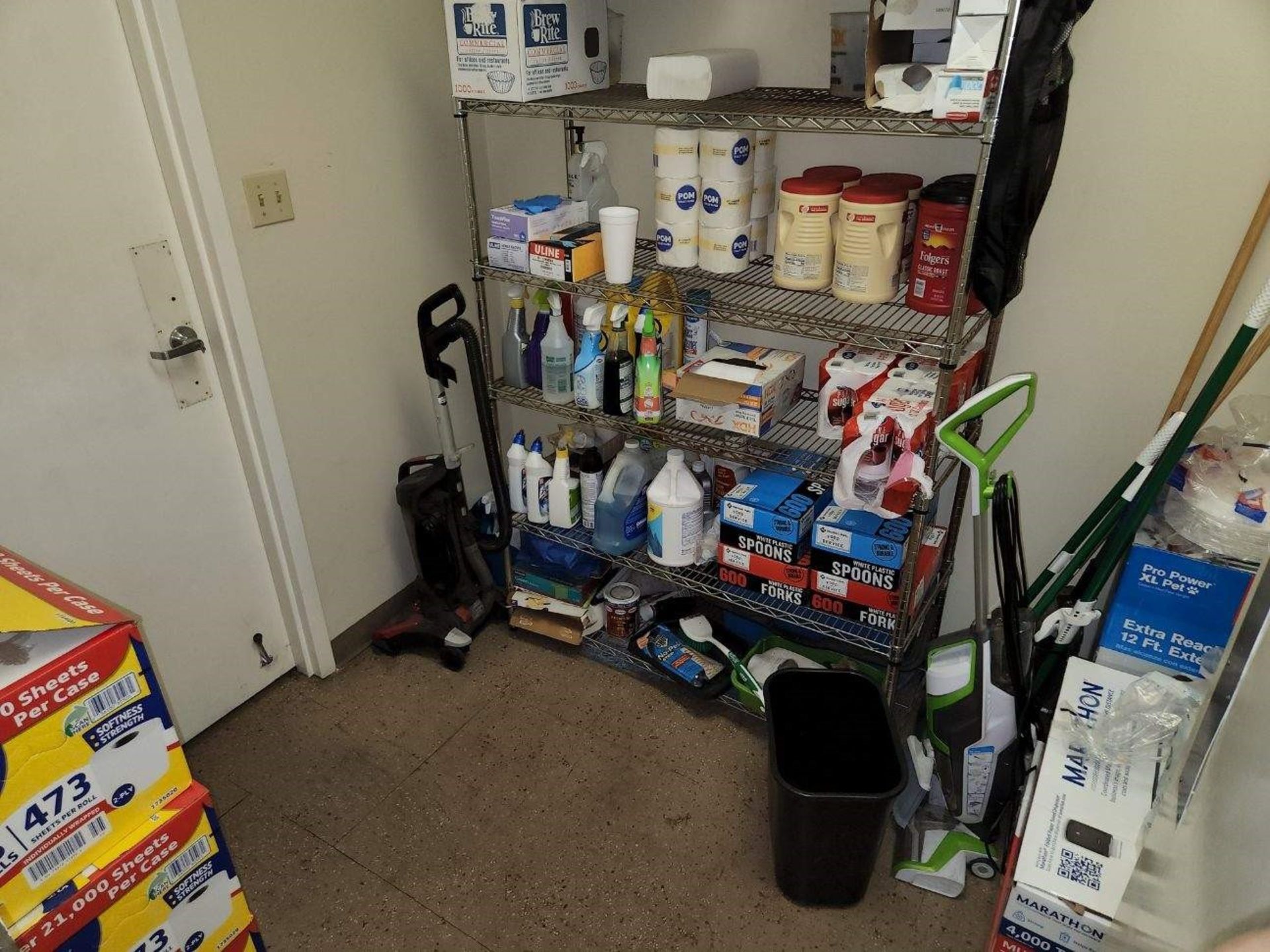 LOT CONTENTS OF SUPPLY CLOSET: toilet paper, coffee, spoons, forks, cleaners, etc.