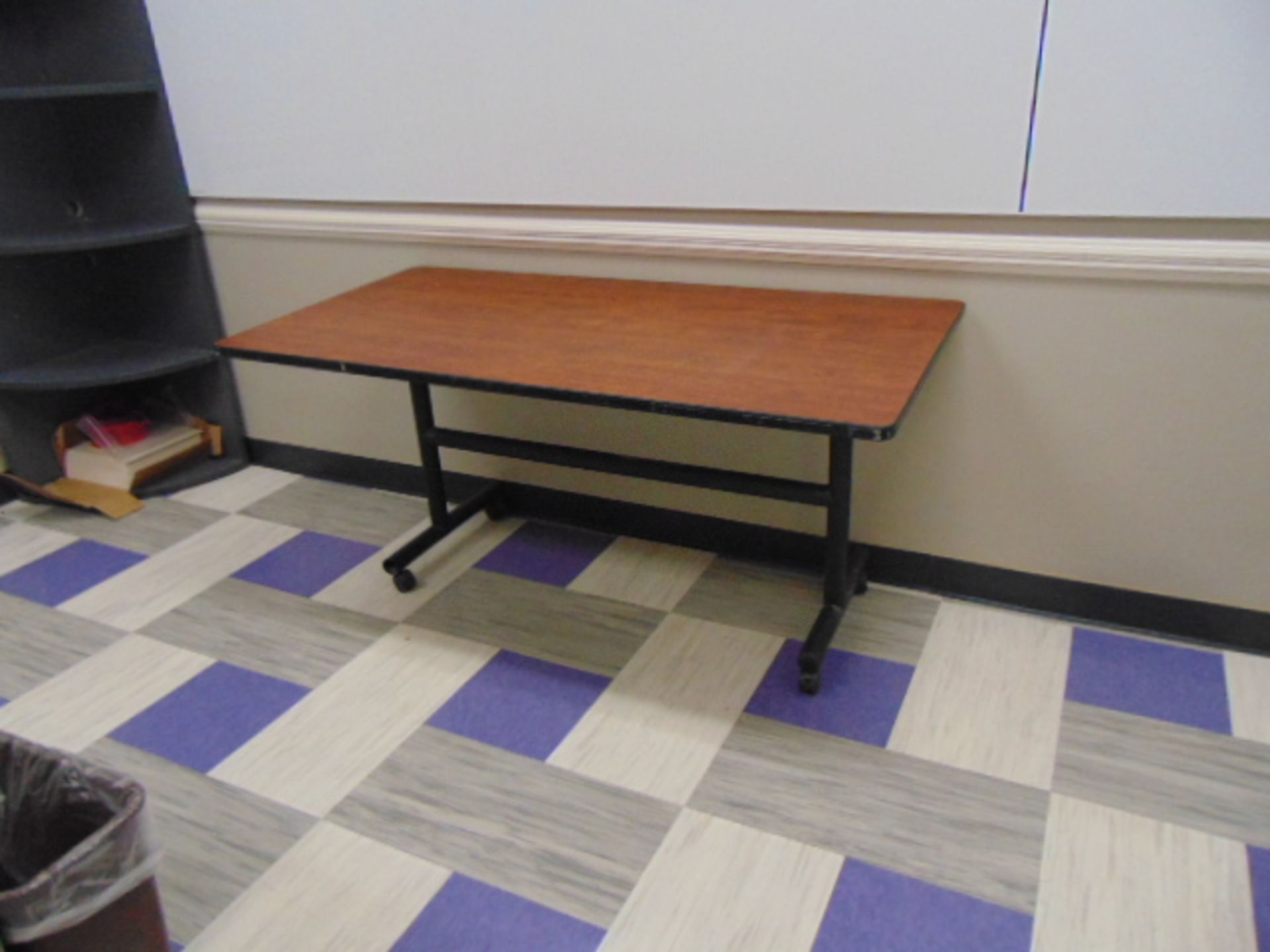 LOT OF OFFICE FURNITURE: L-shaped desk, corner book case, 2' x 6' table (Main office) - Image 2 of 2