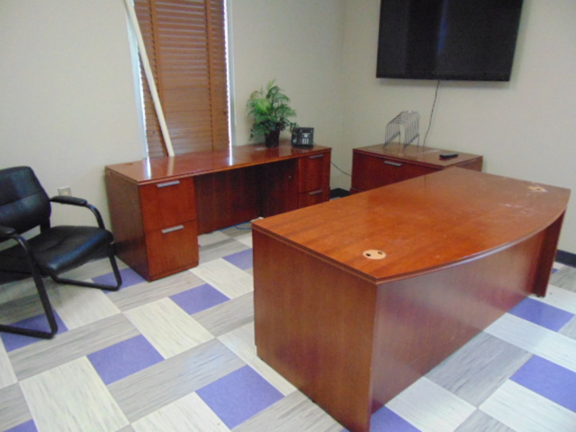 LOT OF OFFICE FURNITURE: (2) desks, w/ filing cabinets, 2-drawer cabinet, book case, 3.5' round