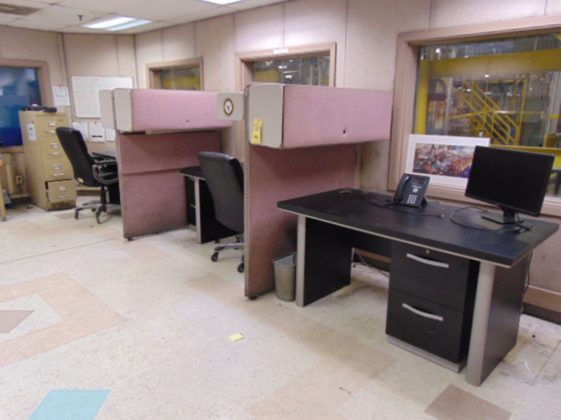 LOT OF OFFICE FURNITURE: (6) desks, (1) table, (2) file cabinets, (4) partitions, (5) chairs (Main - Image 2 of 2