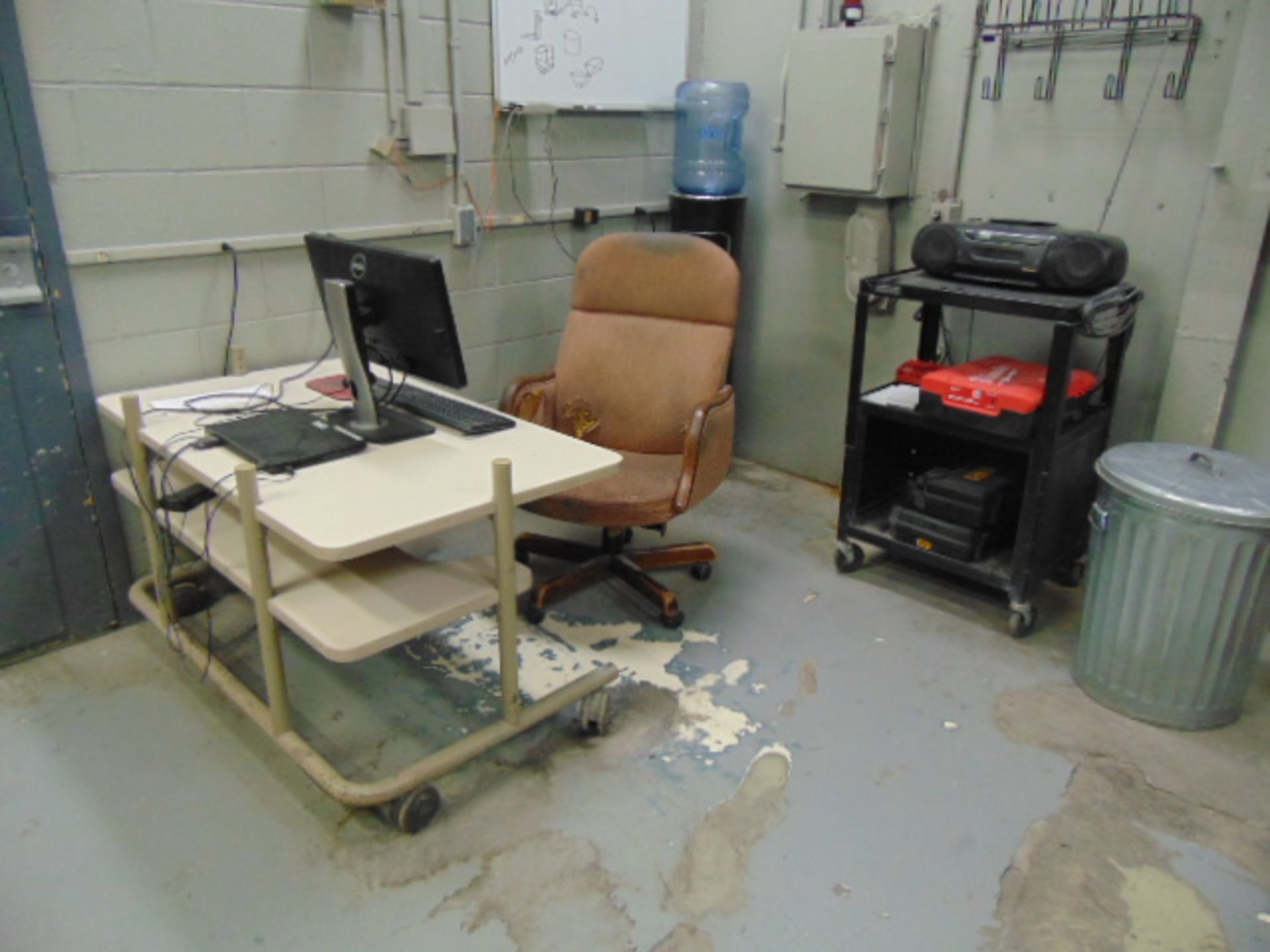 LOT CONTENTS OF OFFICE: 2.5' x 6' workbench, w/ vise, 2.5' x 4' table, (3) file cabinets, storage