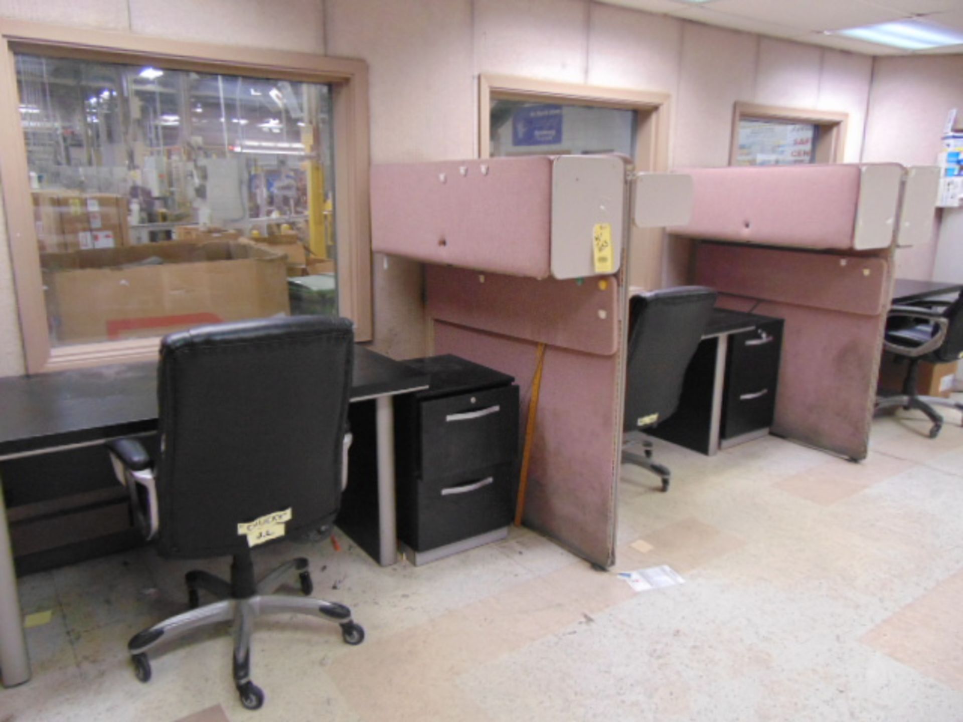 LOT OF OFFICE FURNITURE: (6) desks, (1) table, (2) file cabinets, (4) partitions, (5) chairs (Main