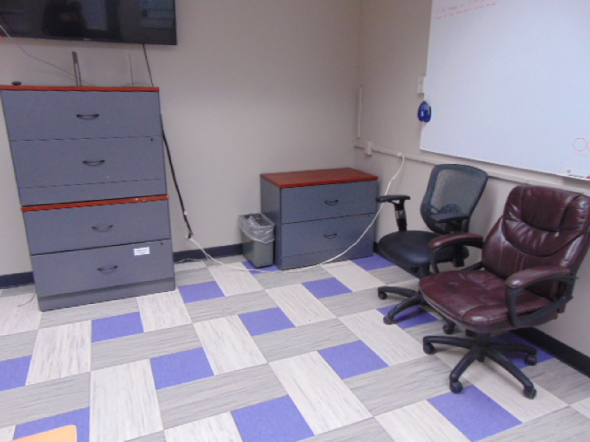 LOT OF OFFICE FURNITURE: L-shaped desk, w/ filing cabinets, (3) 2-drawer filing cabinets, (Main - Image 2 of 2