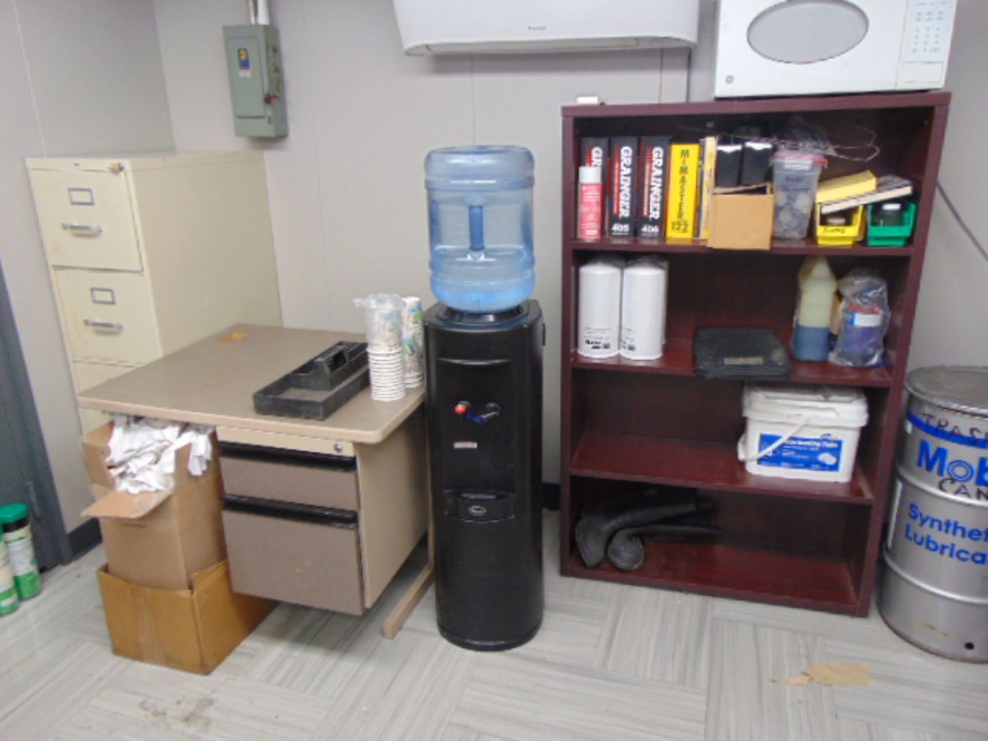 LOT CONTENTS OF OFFICE: (3) tables, (3) chairs, (3) file cabinets, bookcase, GE microwave, Daiken - Image 3 of 3