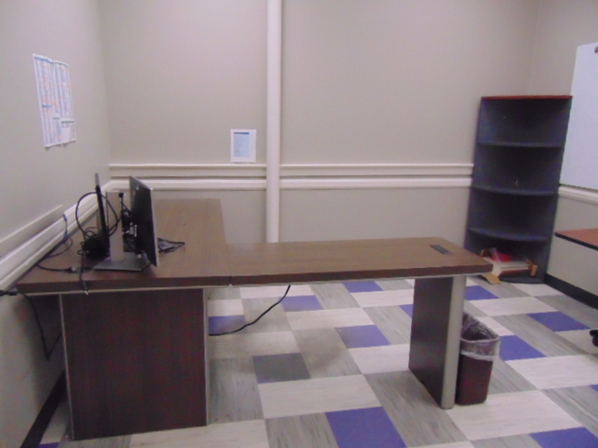 LOT OF OFFICE FURNITURE: L-shaped desk, corner book case, 2' x 6' table (Main office)