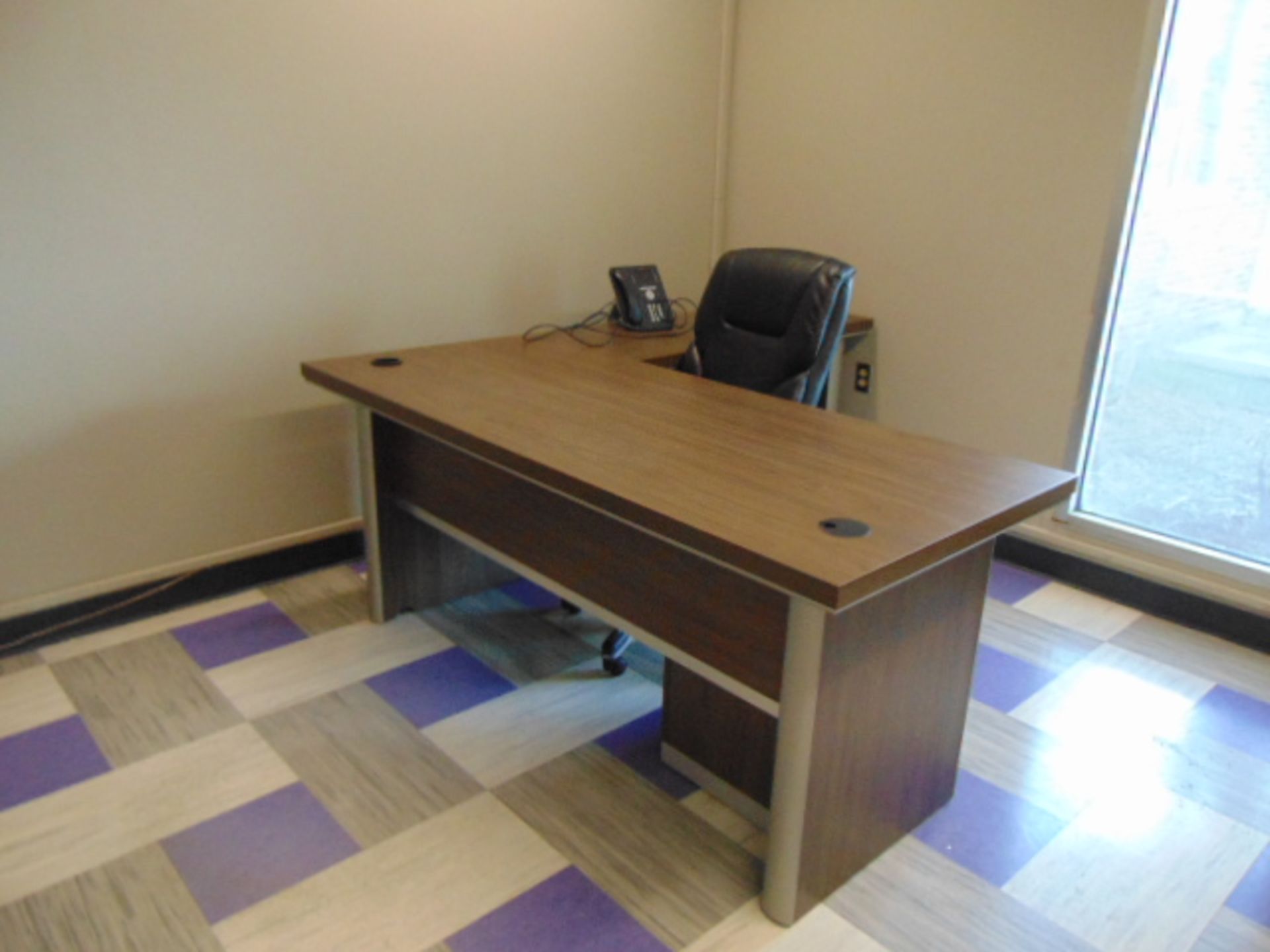 LOT OF OFFICE FURNITURE: L-shaped desk, w/ file cabinets, book case, (3) chairs (Main office)