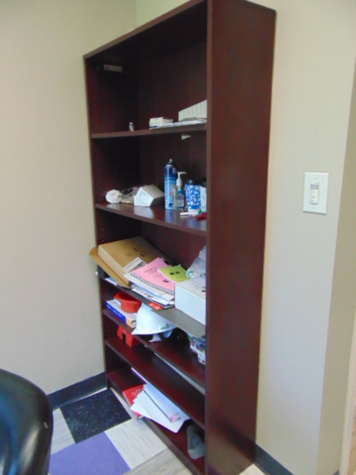 LOT OF OFFICE FURNITURE: (2) desks, w/ filing cabinets, 2-drawer cabinet, book case, 3.5' round - Image 3 of 3