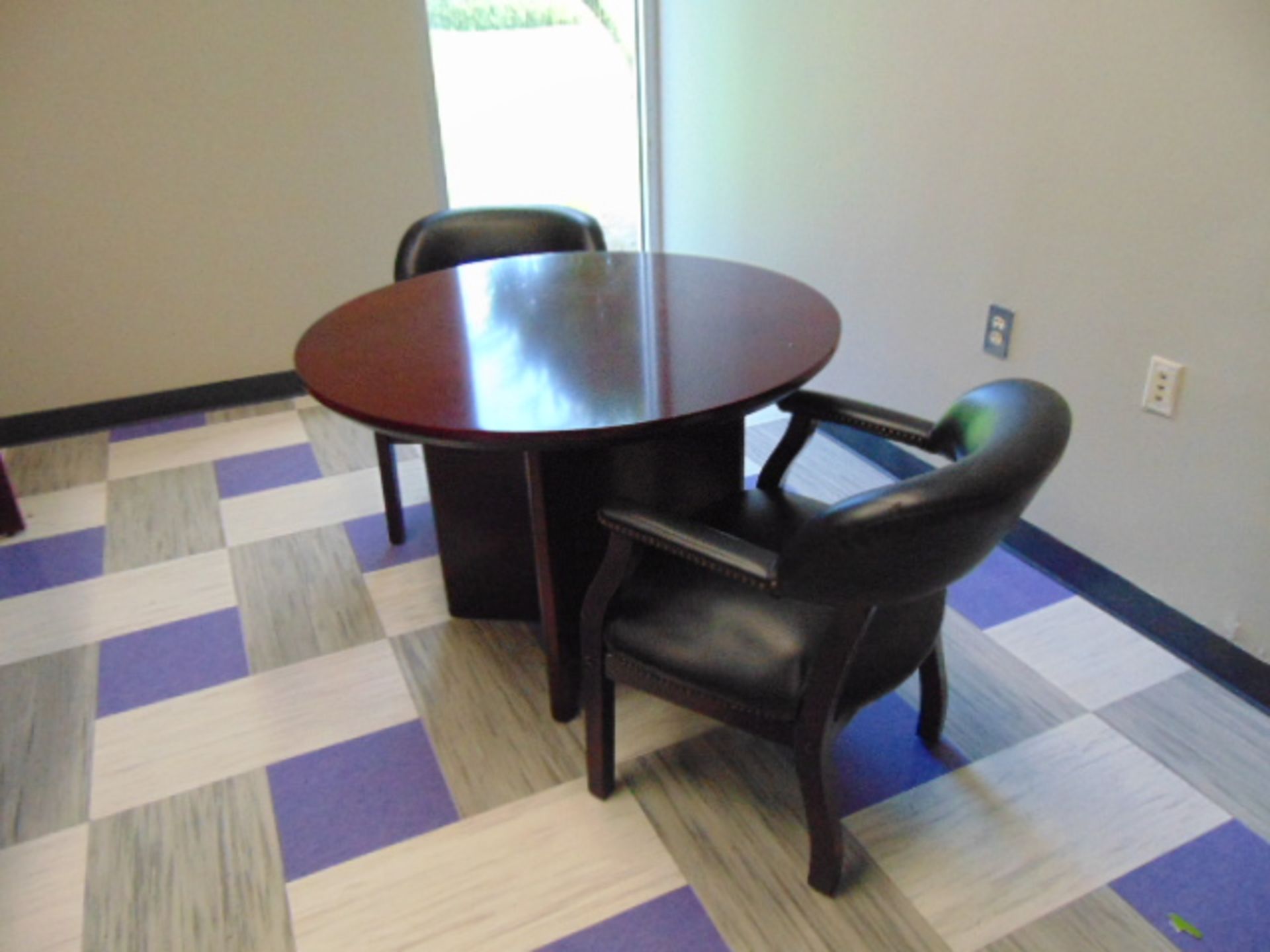 LOT OF OFFICE FURNITURE: (2) desks, w/ filing cabinets, 2-drawer cabinet, book case, 3.5' round - Image 2 of 3