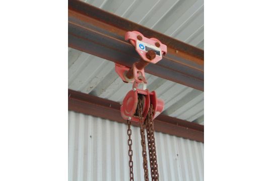 CHAIN HOIST, COFFING, w/ trolly, 1 T. cap., w/ sheet grab (Beam not included) (Machine shop area, - Image 1 of 2