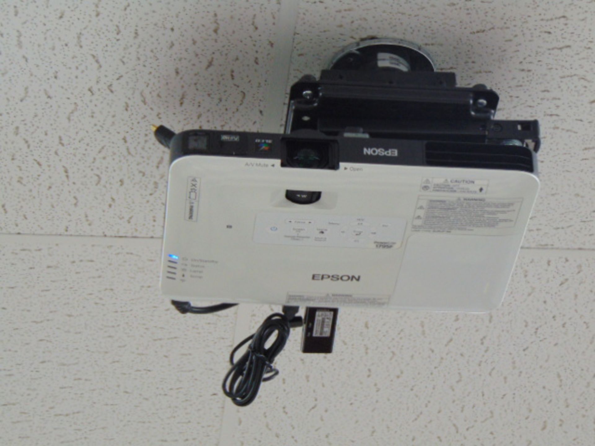 REMOTE CONTROL CEILING MOUNTED PROJECTOR, EPSON, S/N X3TH0X00008, w/ wall mounted electrical