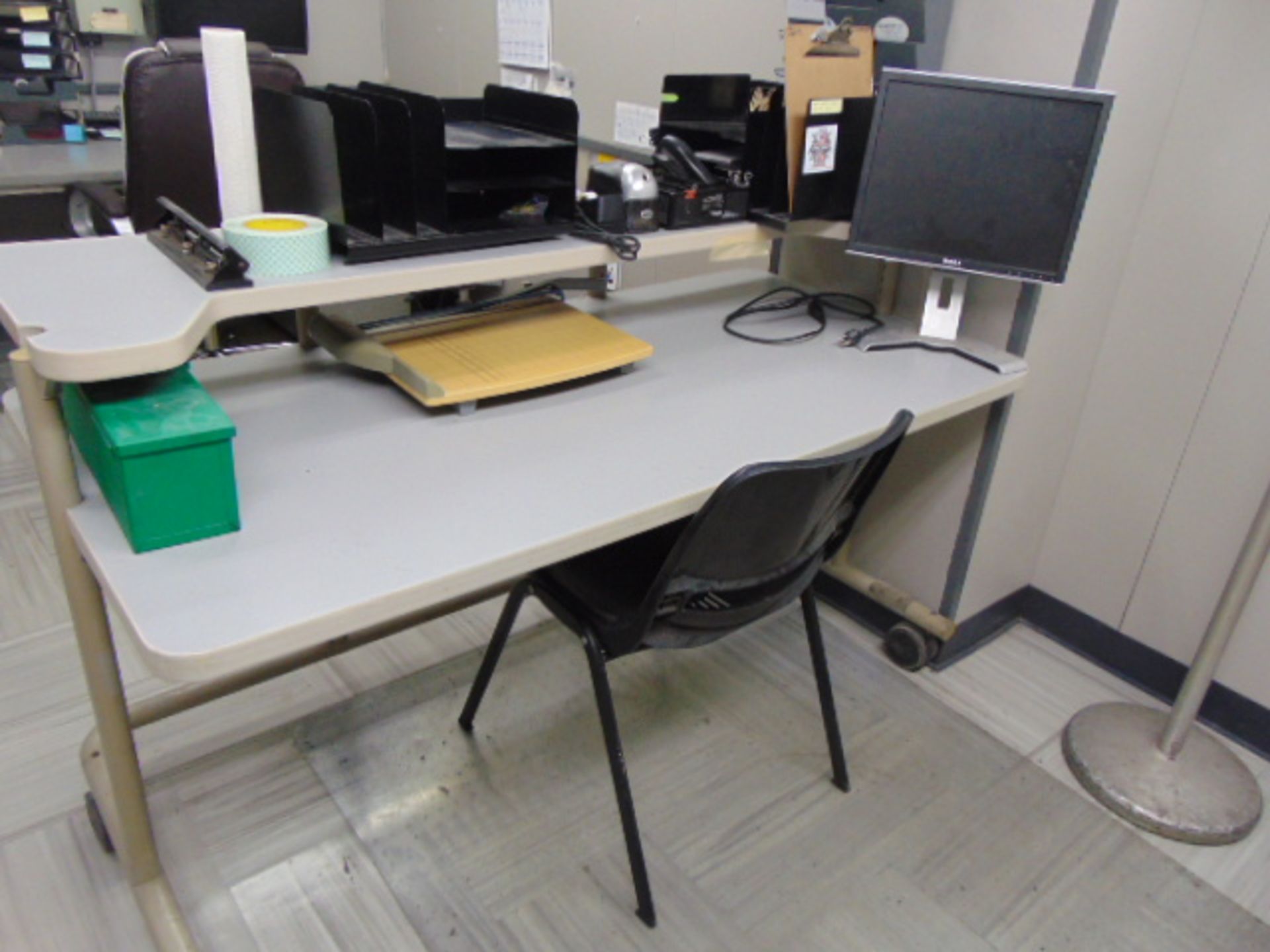 LOT CONTENTS OF OFFICE: (3) tables, (3) chairs, (3) file cabinets, bookcase, GE microwave, Daiken - Image 2 of 3