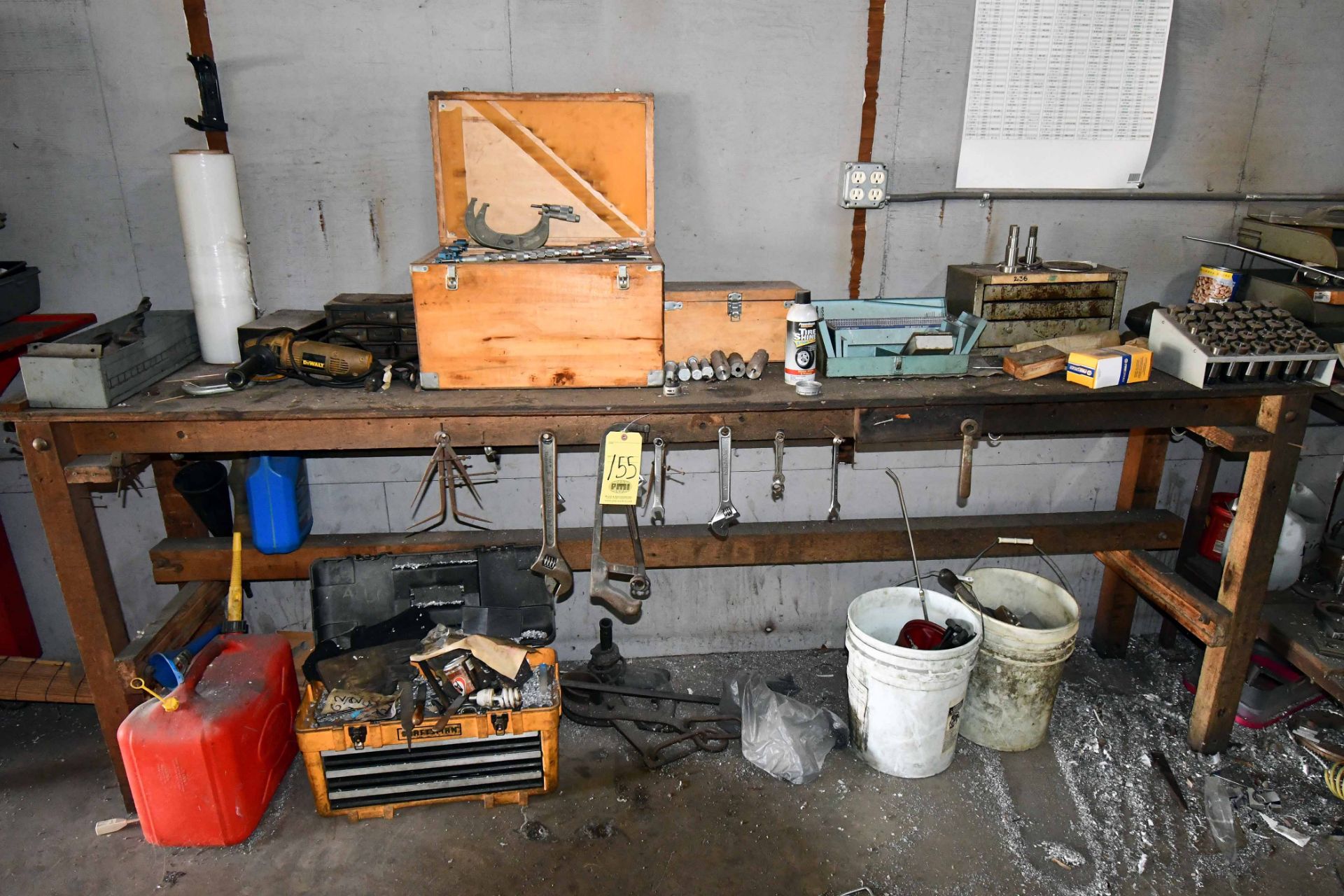 WOODEN BENCH, w/Q.C. micrometers, drill sleeves, hand tools, etc. (Located at: RPM Machine, 3016