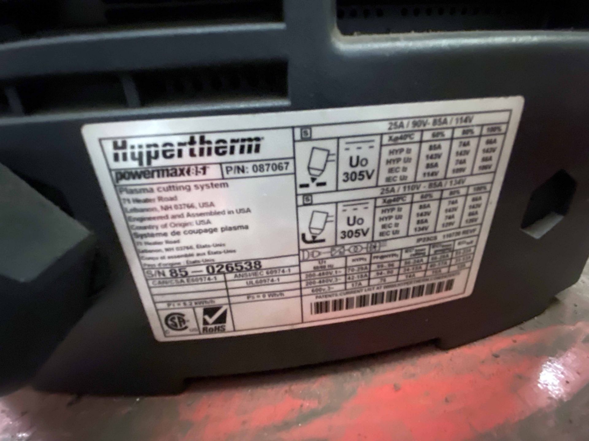 PLASMA CUTTING MACHINE, HYPERTHERM 85, on rolling metal stand, Part No. 087067, S/N 85.026538 ( - Image 3 of 3