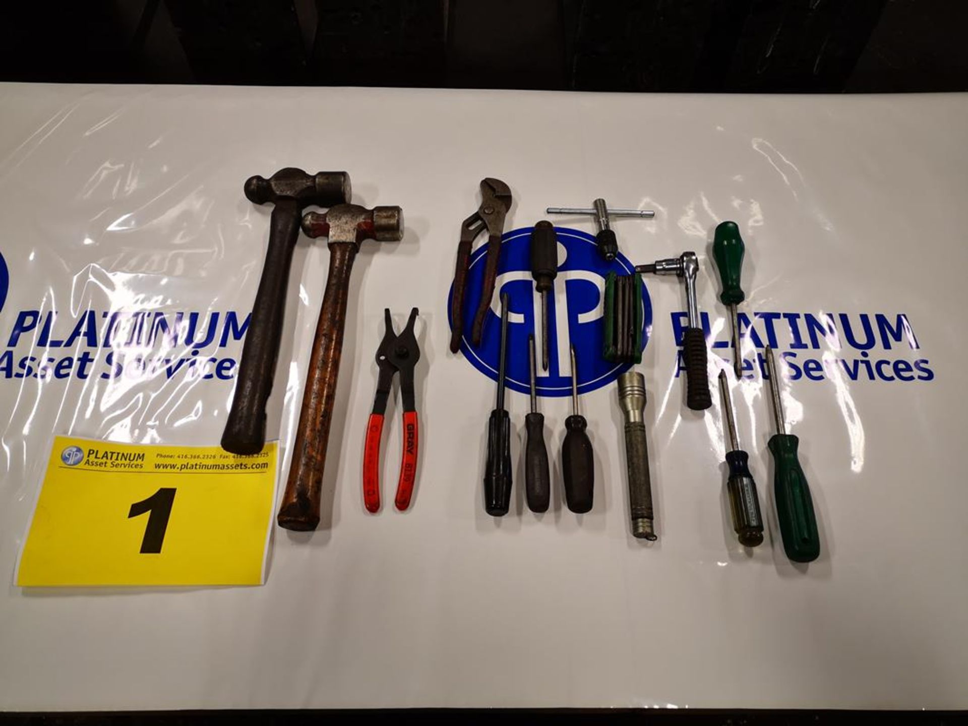 LOT OF ASSORTED HAND TOOLS - HAMMERS, PLIERS, SCREW DRIVERS, ETC.