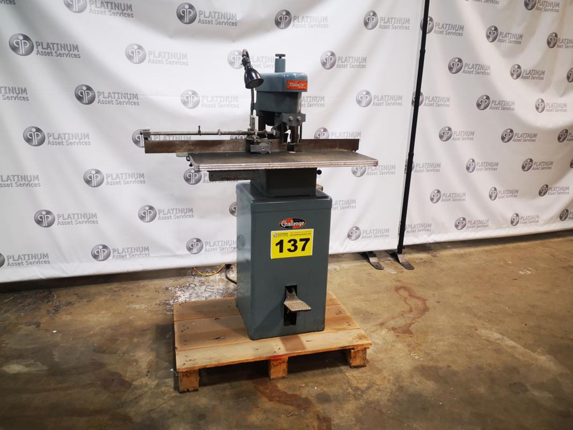 CHALLENGE, E, SINGLE HEAD PAPER DRILL, E 32" X 18" TABLE, 0" TO 5.5" BACK GAGE, 5 POSITION CARD