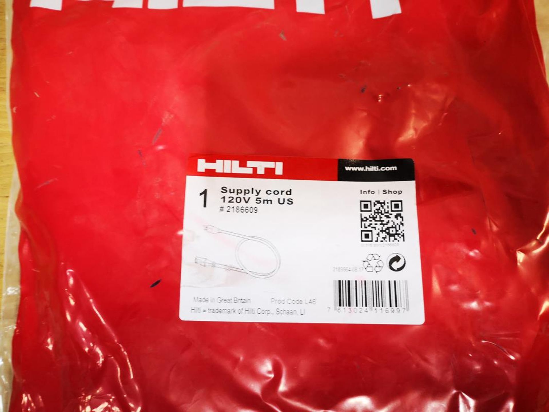 HILTI, TE 3000, 2186609, SUPPLY CORD 5 M 120 VAC NEW IN BAG - Image 2 of 3