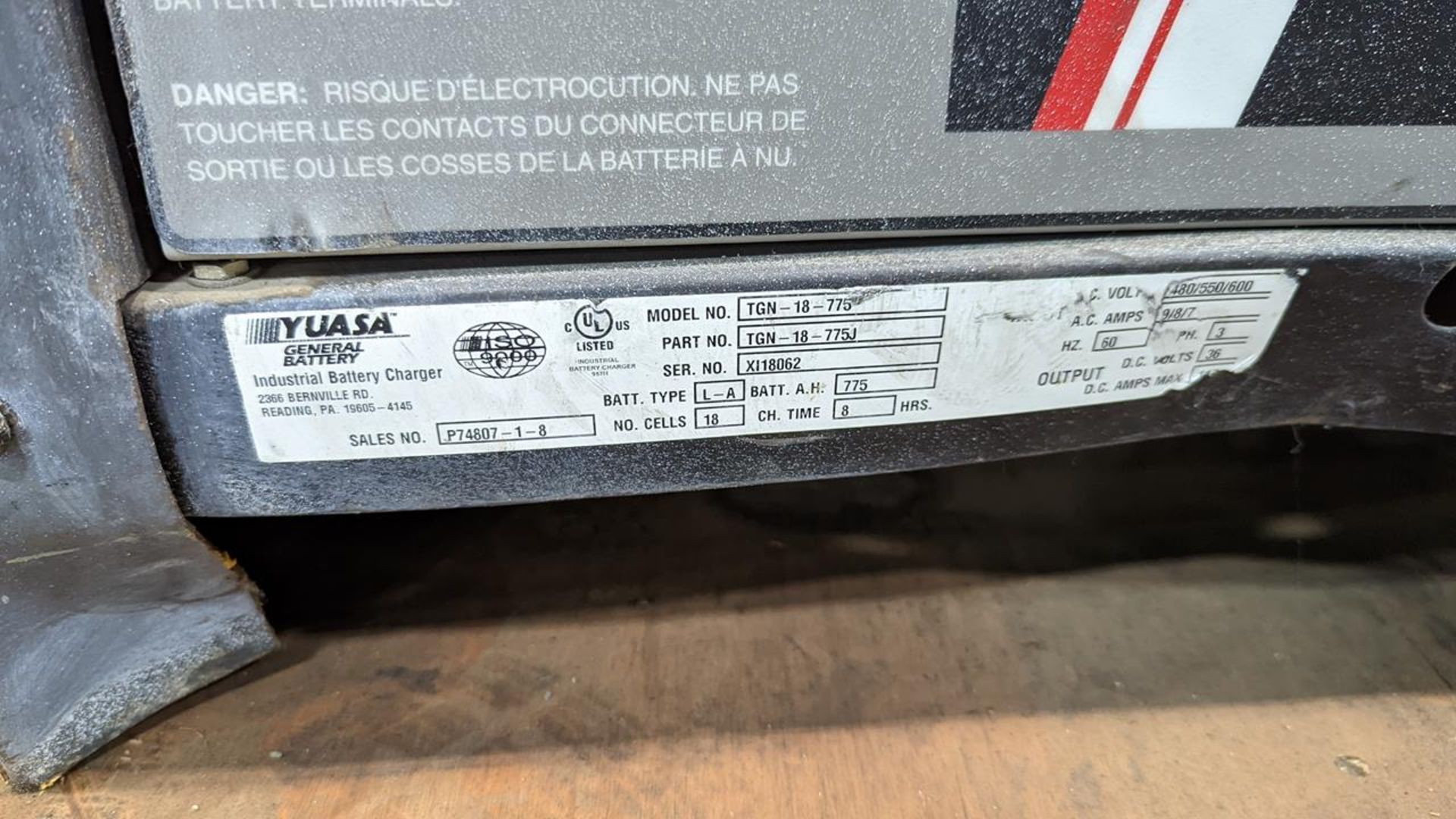 GENERAL BATTERY (YUASA), TG-18-775, 36 VOLT, 775 AMP HOURS, BATTERY CHARGER, 480/550/600 INFEED - Image 3 of 3