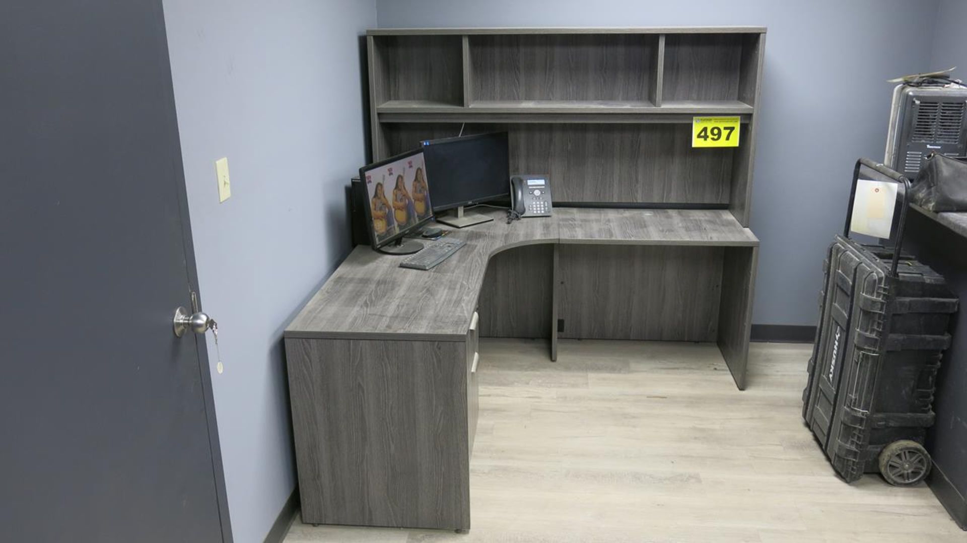 L-SHAPED OFFICE WORKSTATION WITH HUTCH, GREY (WORKSTATION ONLY)