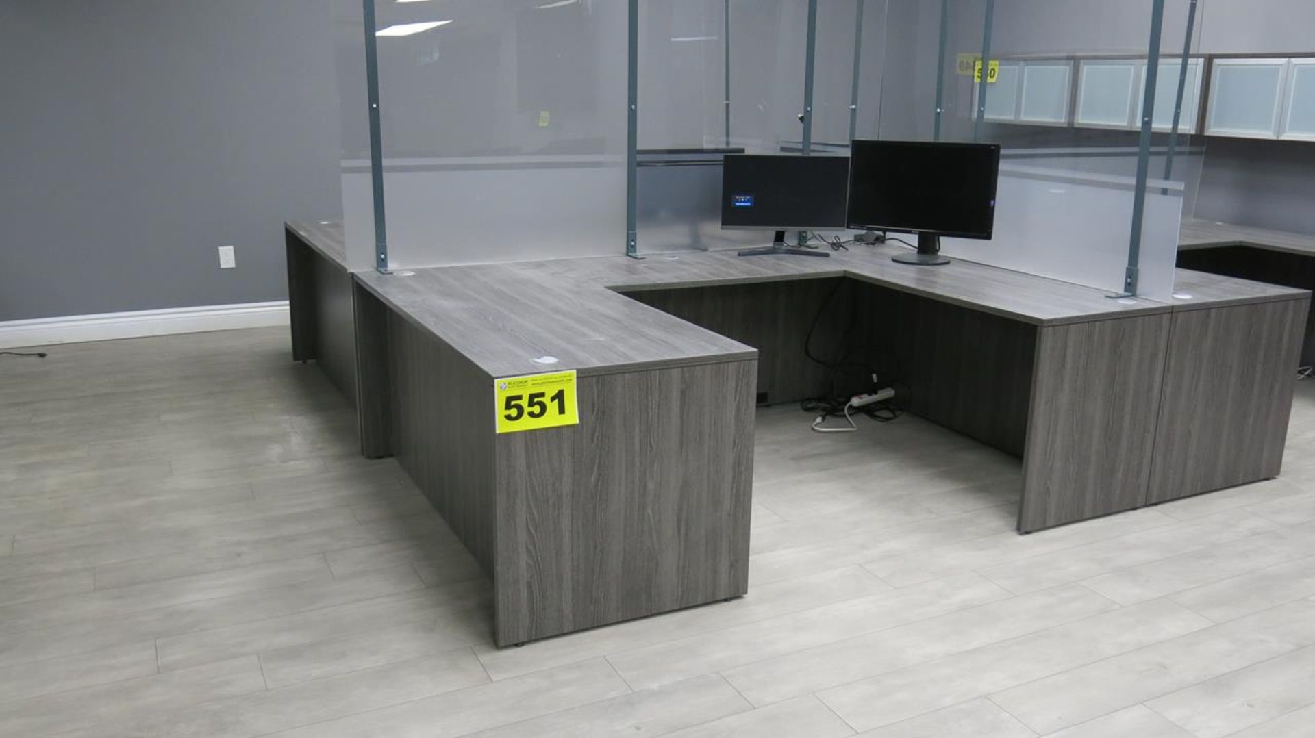 U-SHAPED, GREY, WOOD OFFICE DESK, (L,W,H) 5' X 5', 30") (MONITORS AND PRINTERS NOT INCLUDED IN