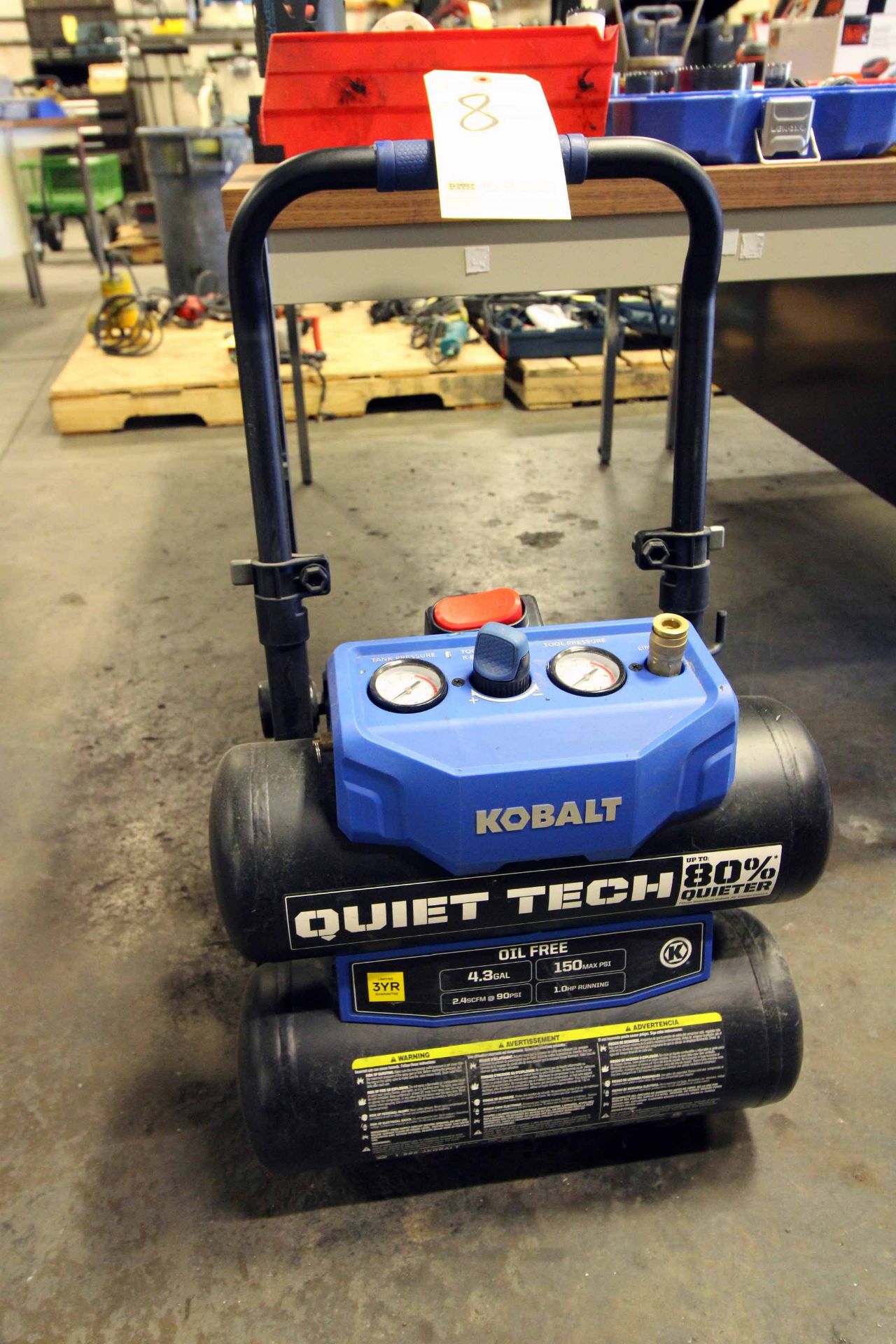 PORTABLE AIR COMPRESSOR, KOBALT QUIET TECH, oil free, 4.3 gal. single stage, corded, electric twin