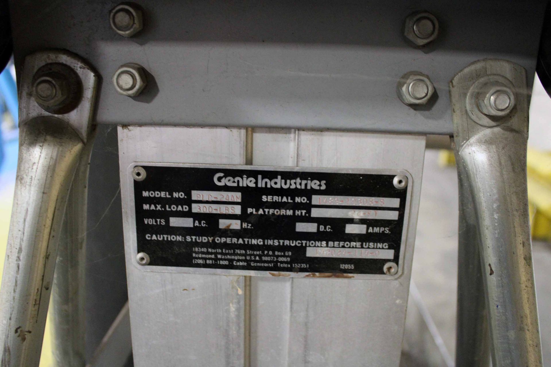 MAN-LIFT GENIE MDL. PLC-24AM, 300 lb. cap., max load 300 lb., platform 24" sq., platform height up - Image 4 of 4