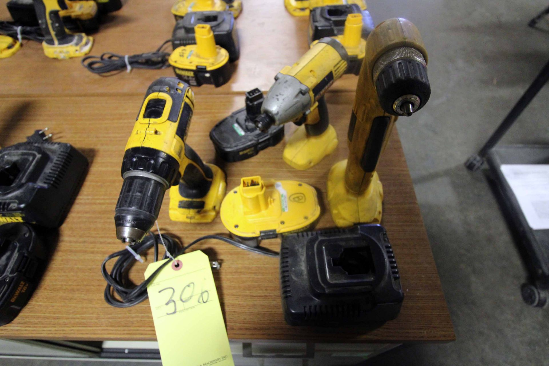 LOT OF DEWALT CORDLESS TOOLING: (2) right angle drills & (1) impact drill, all 18 v., battery