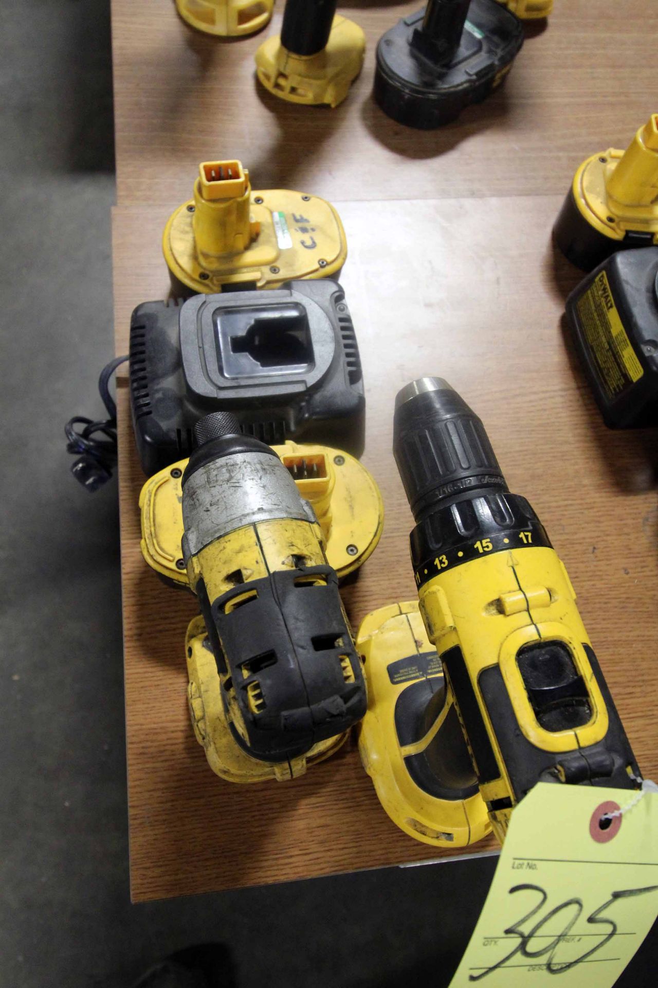 LOT OF DEWALT CORDLESS TOOLING: (1) right angle drill & (1) impact drill, both 18 v., battery