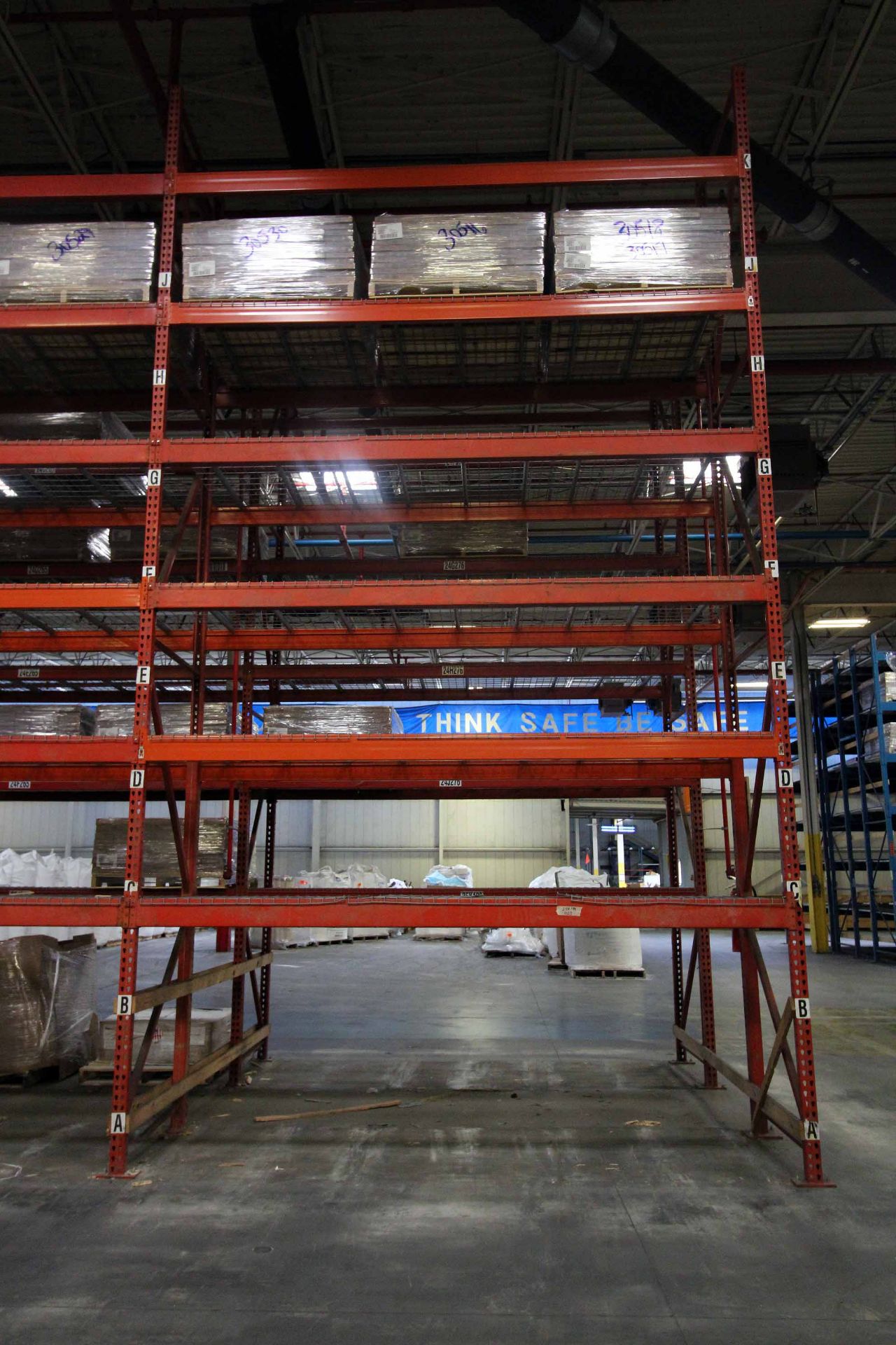 LOT OF TEARDROP PALLET RACK SECTIONS (8), w/ wire decking, 6-tier, 4"dp x 12'W. x 22' ht., less