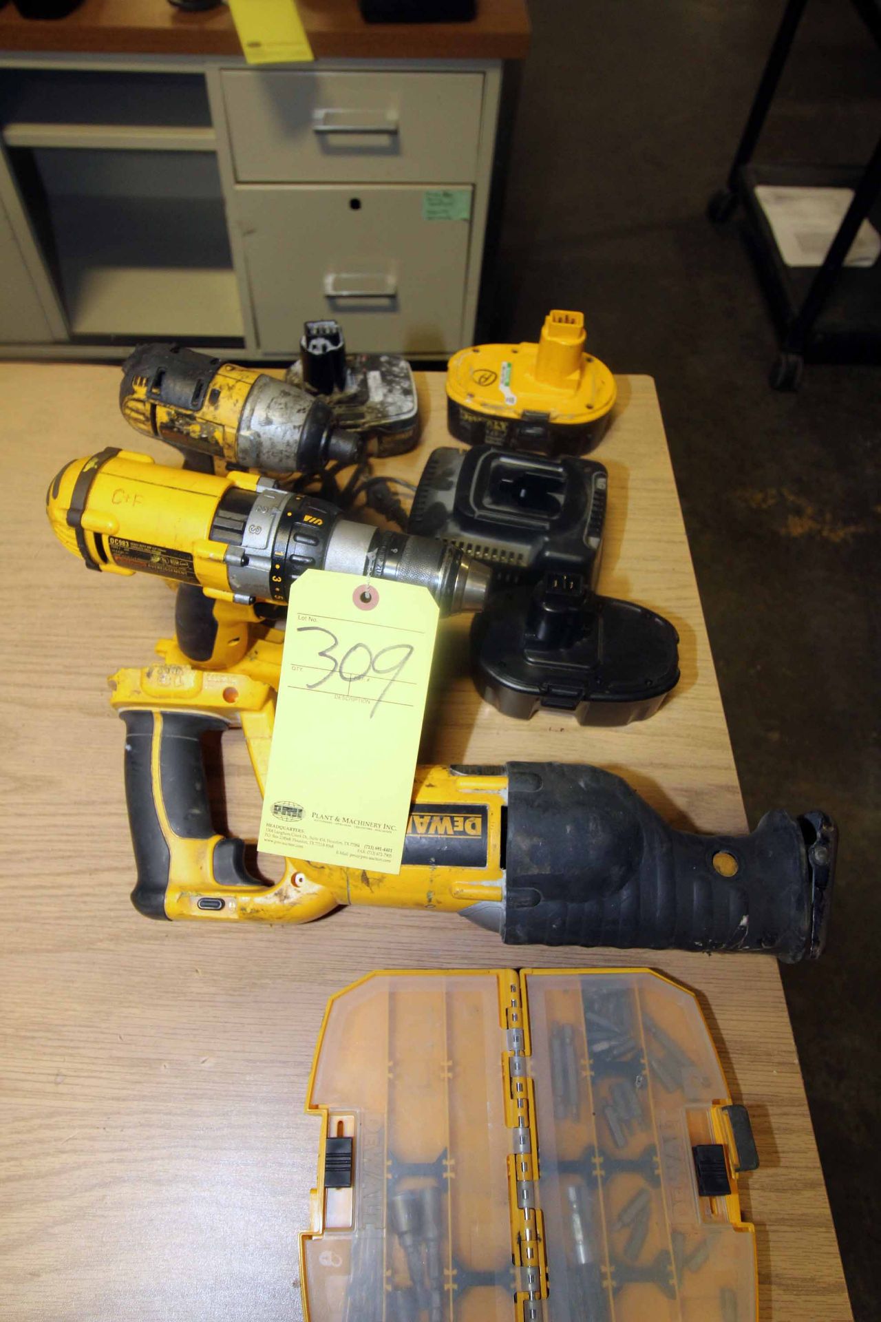 LOT OF DEWALT CORDLESS TOOLING: (1) right angle hammer, (1) impact , (1) reciprocating saw, (1)