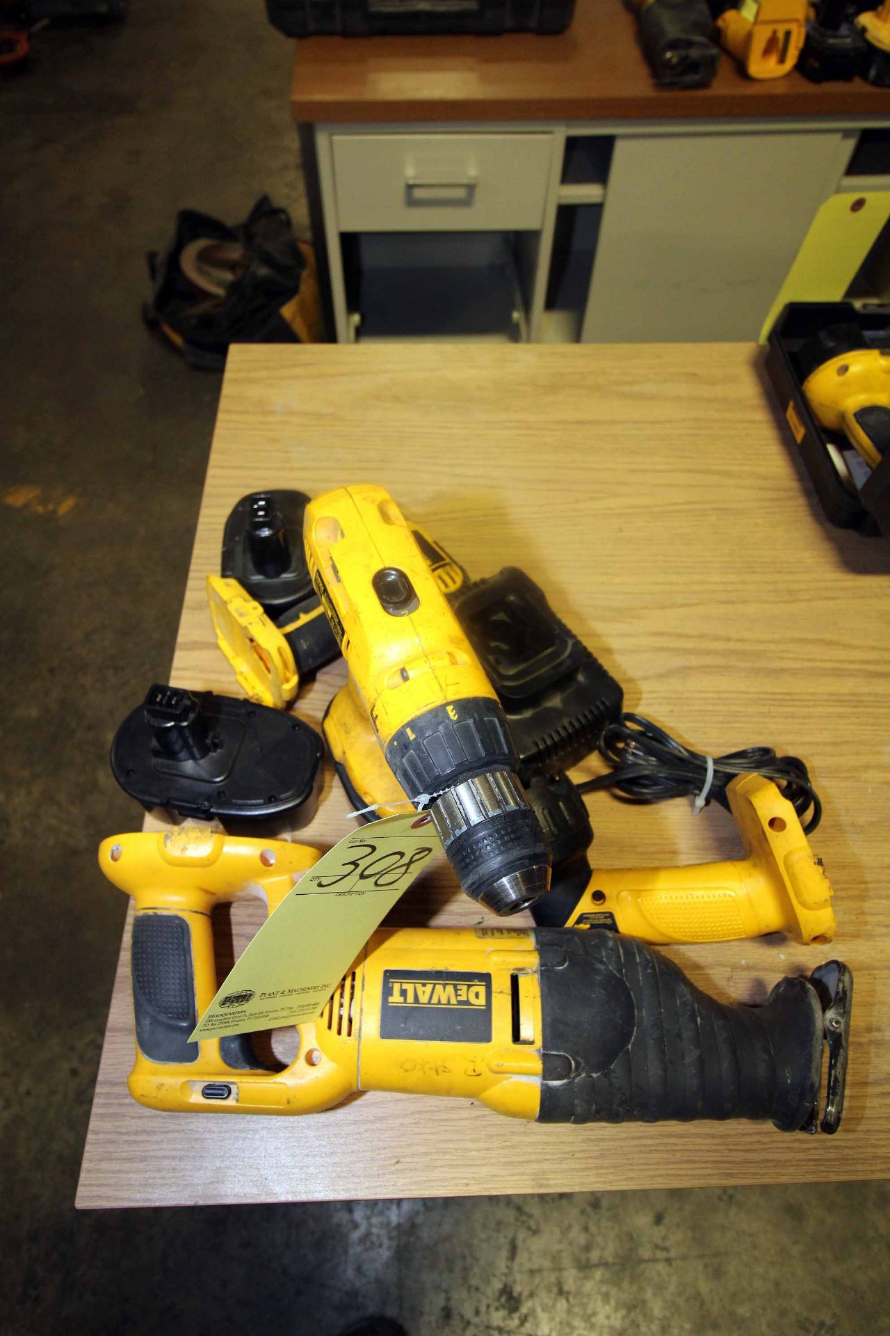 LOT OF DEWALT CORDLESS TOOLING: (1) right angle drill, (1) impact & (1) reciprocating saw, (1)