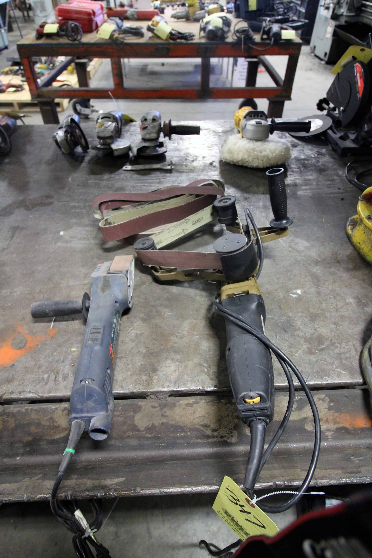 LOT OF HAND HELD SANDERS: (1) Bluerock Mdl. 40A, grinder/ sander/ polisher, w/ belts & (1) Bosch