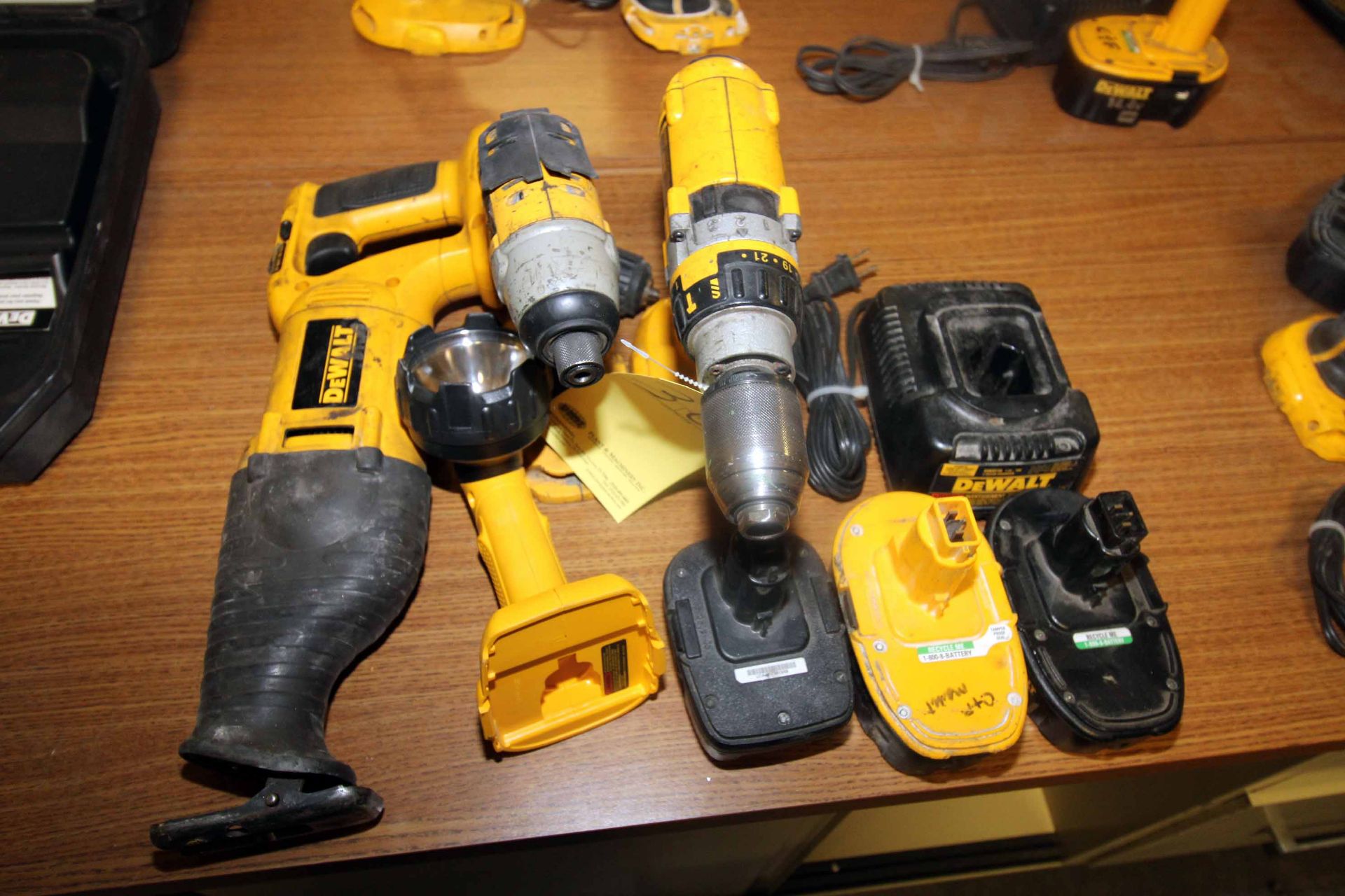 LOT OF DEWALT CORDLESS TOOLING: (1) right angle drill, (1) impact, (1) reciprocating saw, (1) light,