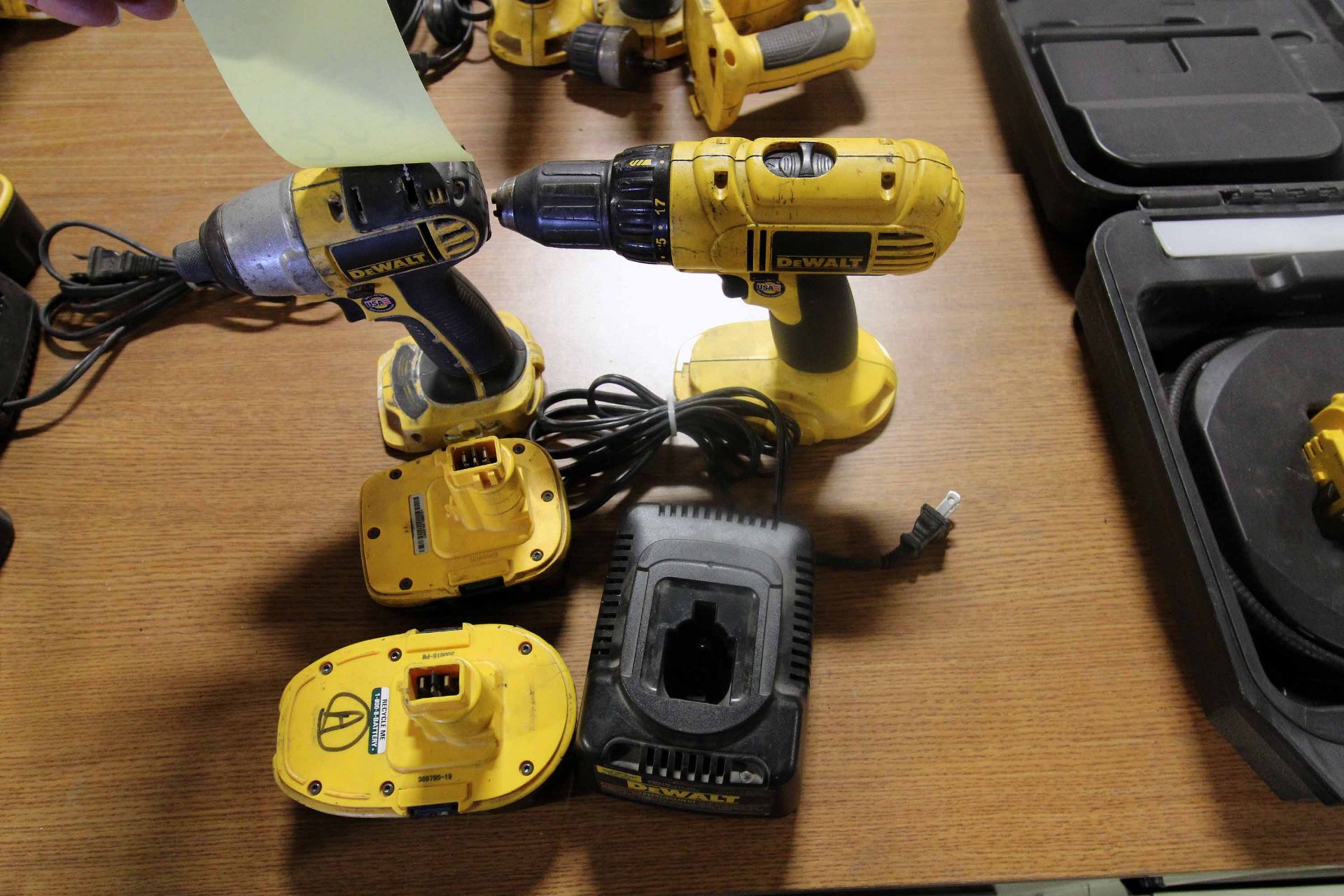 LOT OF DEWALT CORDLESS TOOLING: (1) right angle drill, (1) impact drill, both 18 v., battery