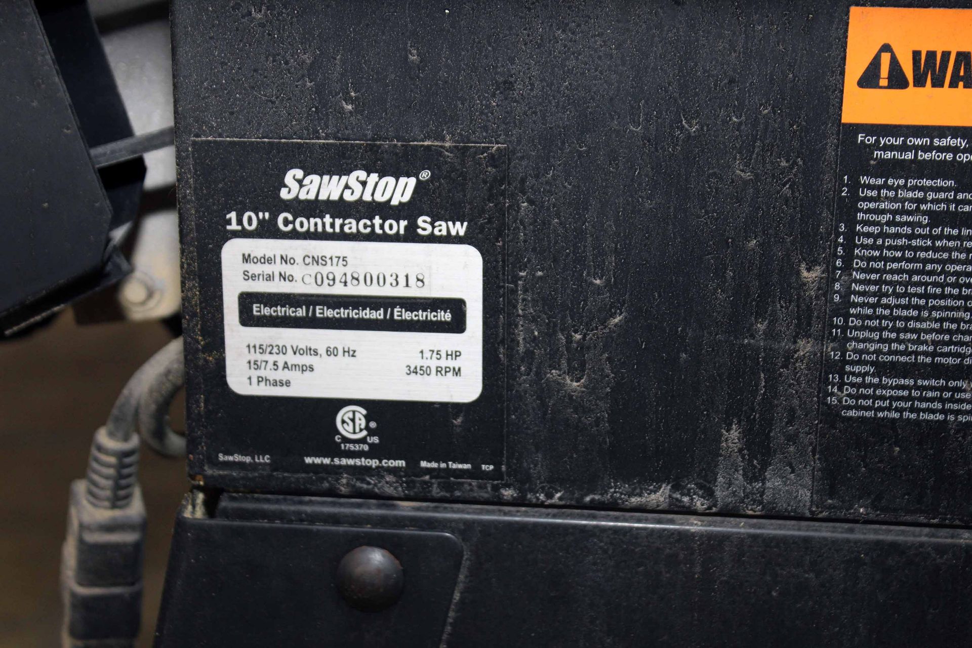 TABLE SAW, SAWSTOP MDL. CNS175, CONTRACTORS SAW, 10", s/n C094800318 - Image 3 of 10