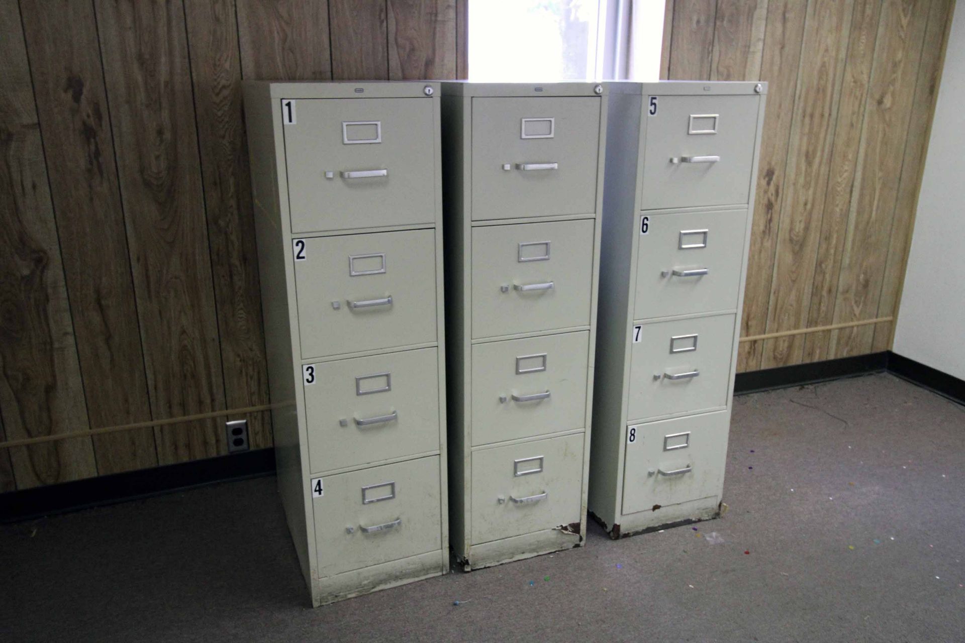 LOT CONSISTING OF: (1) table, 35.5"dp. x 71"W. x 28"H, (3) 4-drawer file cabinets, 15"dp. x 26.5" - Image 2 of 2