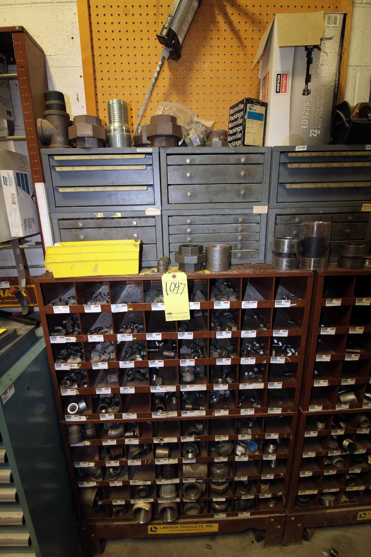 LOT OF PIGEON HOLE CABINETS (4), w/nipples, reducers, caps, (6) drill bit cabinets, radiator - Image 3 of 7