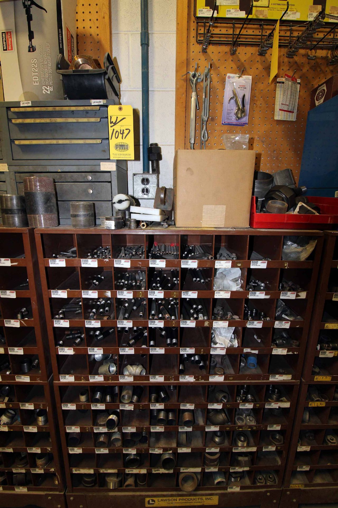 LOT OF PIGEON HOLE CABINETS (4), w/nipples, reducers, caps, (6) drill bit cabinets, radiator - Image 5 of 7