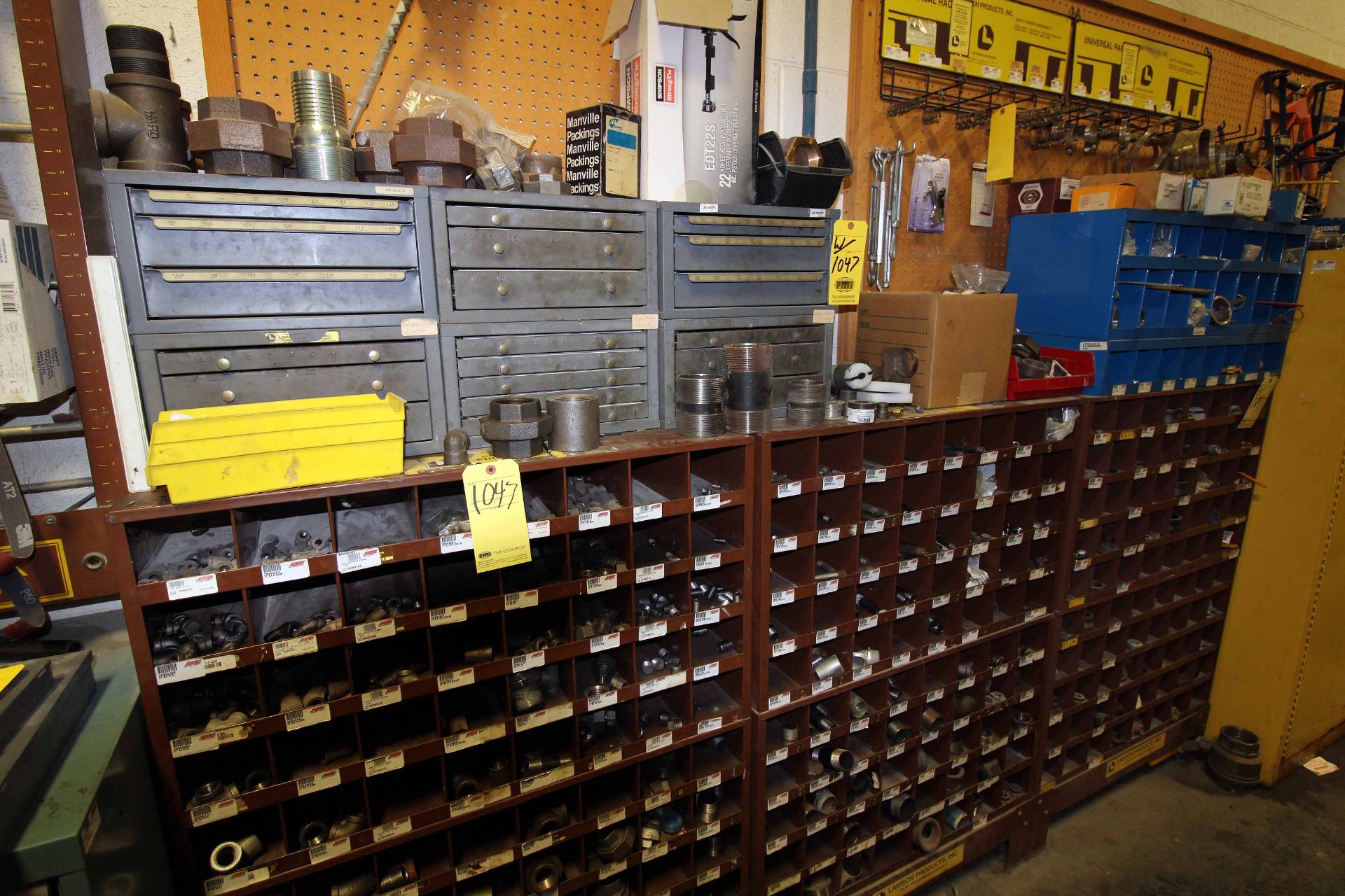 LOT OF PIGEON HOLE CABINETS (4), w/nipples, reducers, caps, (6) drill bit cabinets, radiator