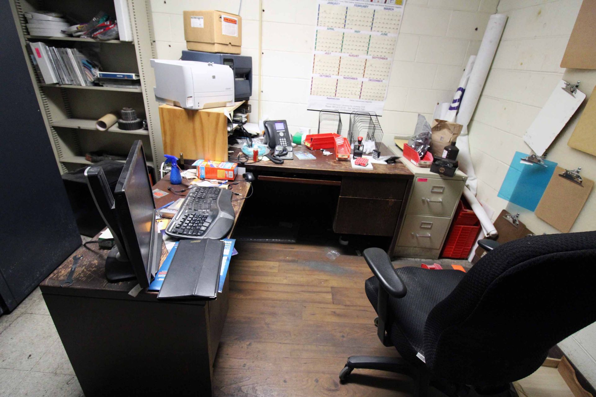 LOT CONTENTS OF MAINTENANCE OFFICE: MRO items, desks, printers, computers, (8) lateral file cabinets - Image 14 of 16