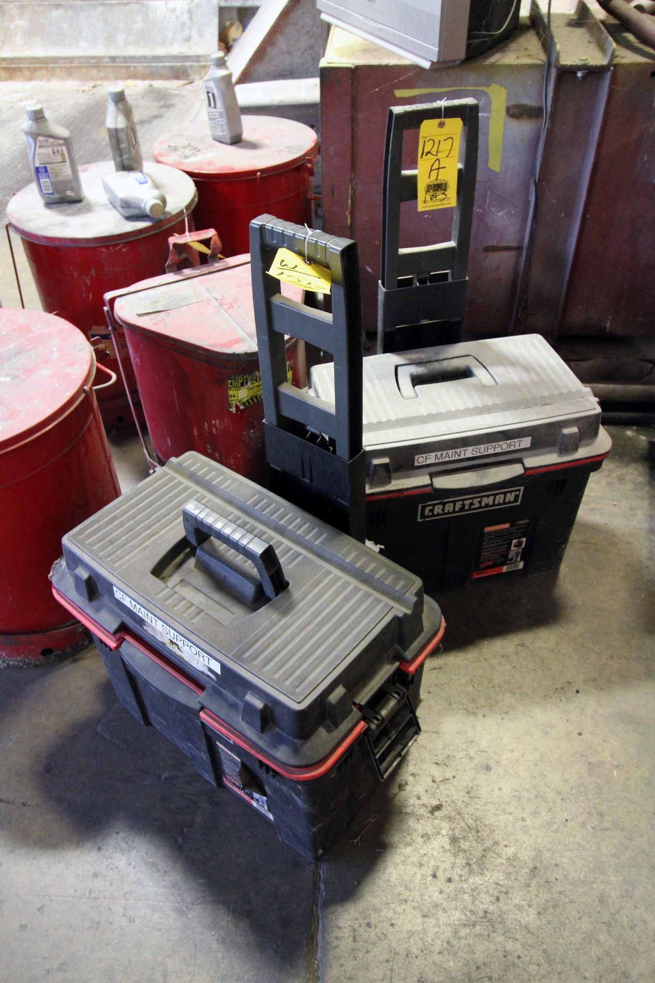 LOT CONSISTING OF: (2) Craftsman sit & stand tote trucks & (1) A-frame toolholder w/Beryllium Copper