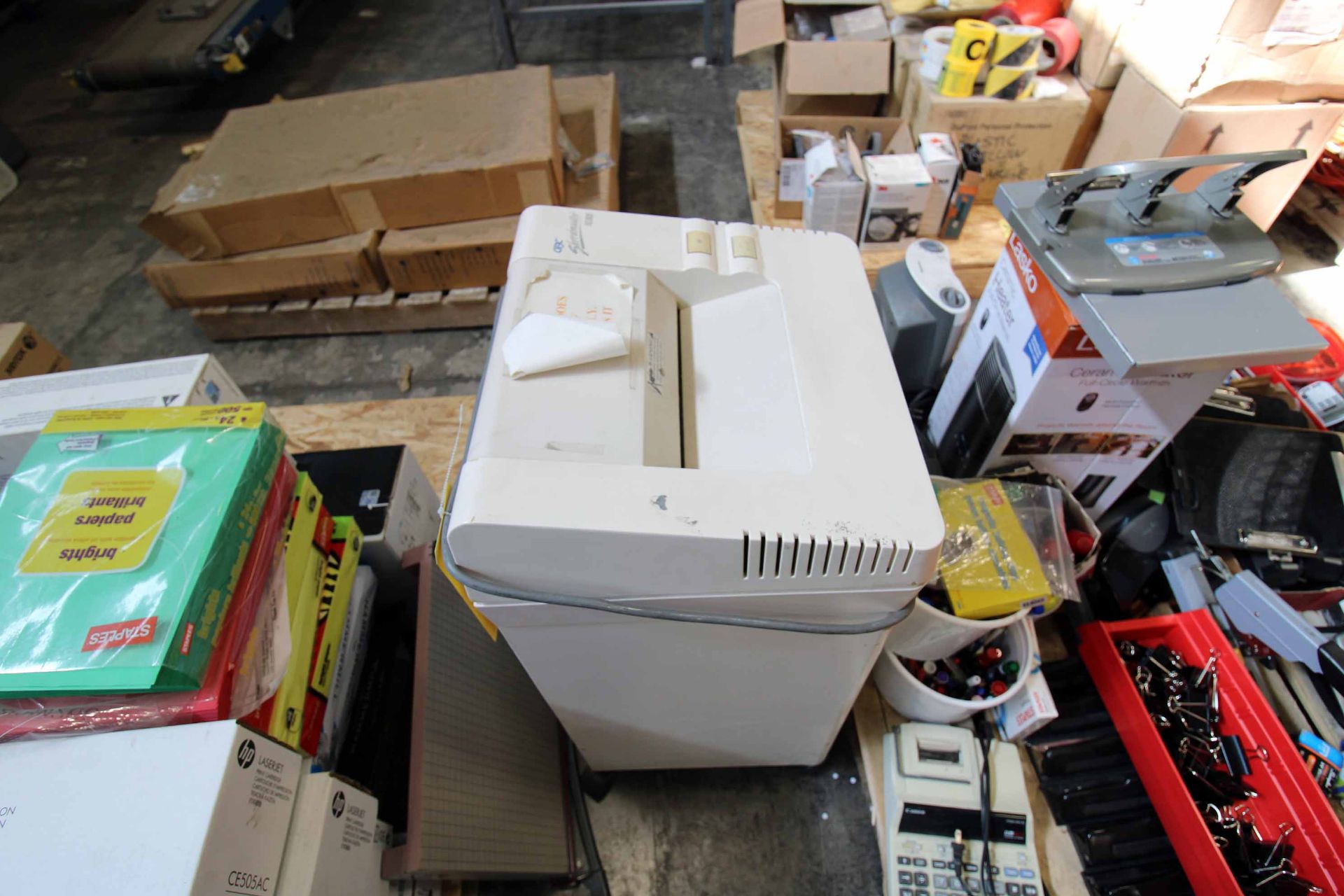 LOT OF OFFICE SUPPLIES: shredder, hole punches, print paper, print cartridges, other items (on - Image 5 of 7
