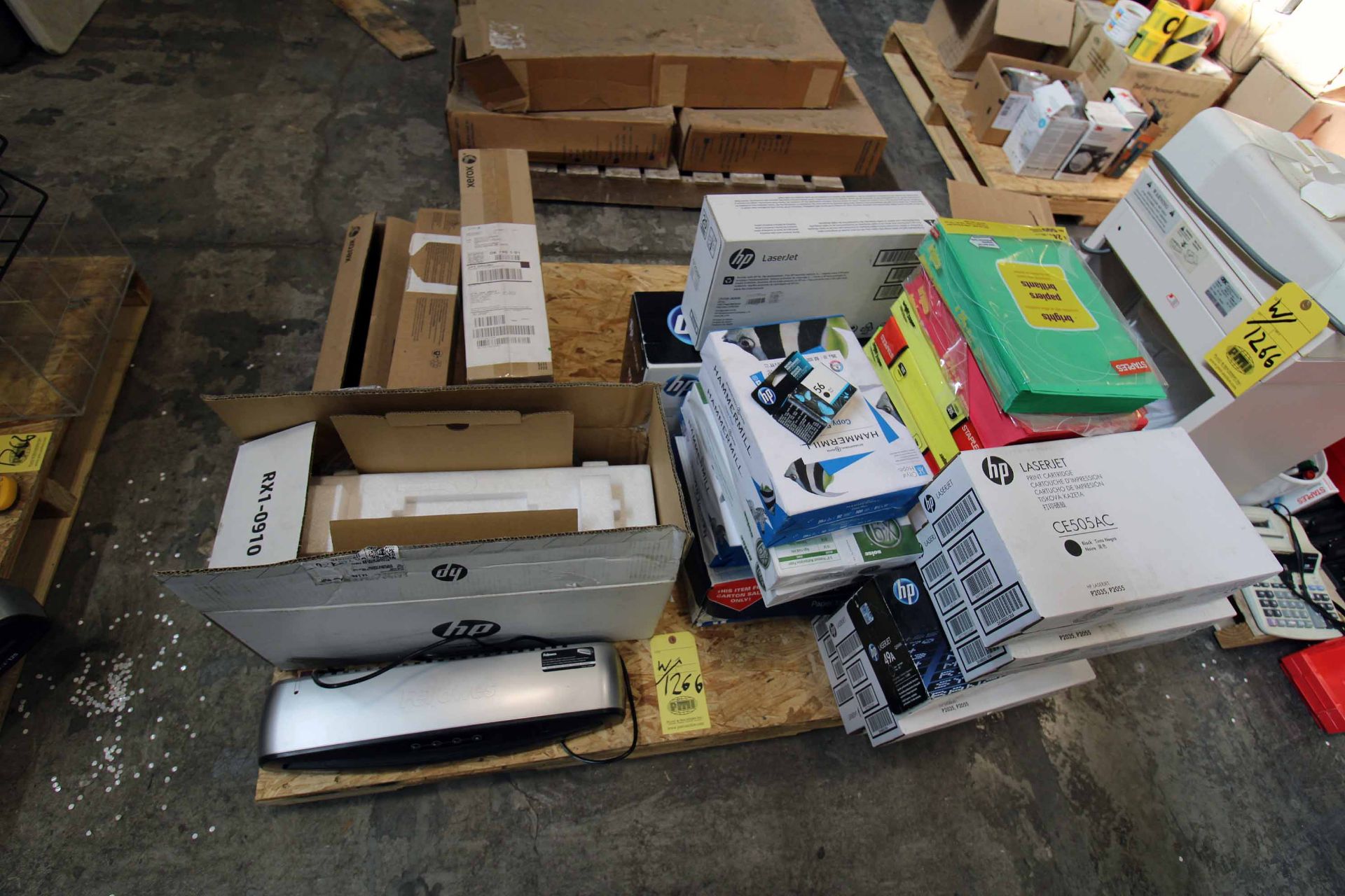 LOT OF OFFICE SUPPLIES: shredder, hole punches, print paper, print cartridges, other items (on - Image 6 of 7